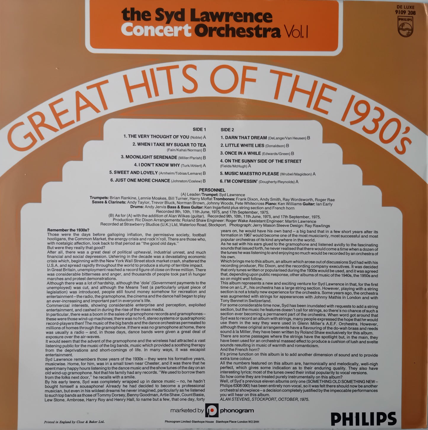 The Syd Lawrence Concert Orchestra – Great Hits Of The 1930's (1975) 12" vinyl LP VG/VG