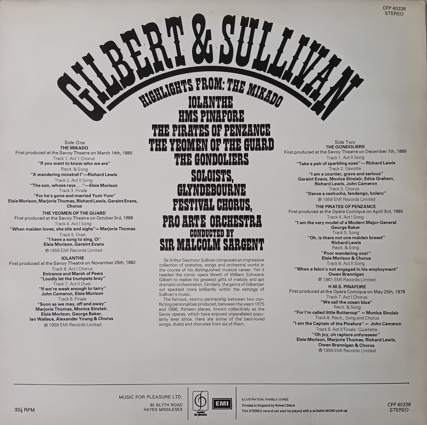 Gilbert & Sullivan, Glyndebourne Festival Chorus, Sargent – Highlights (EMI) 12" vinyl LP VG/VG