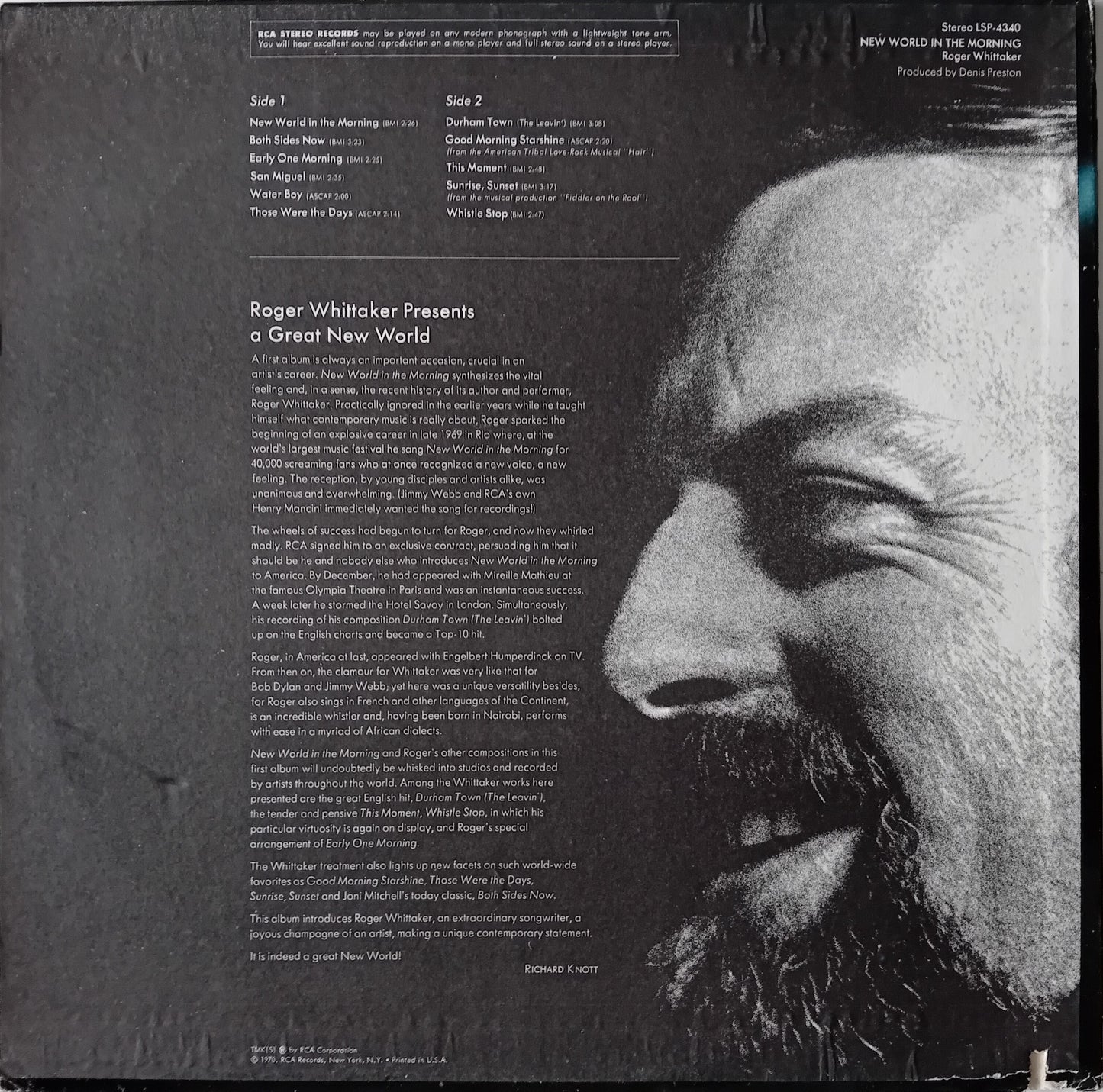 Album cover with a black and white portrait of a man on the right side and text on the left.