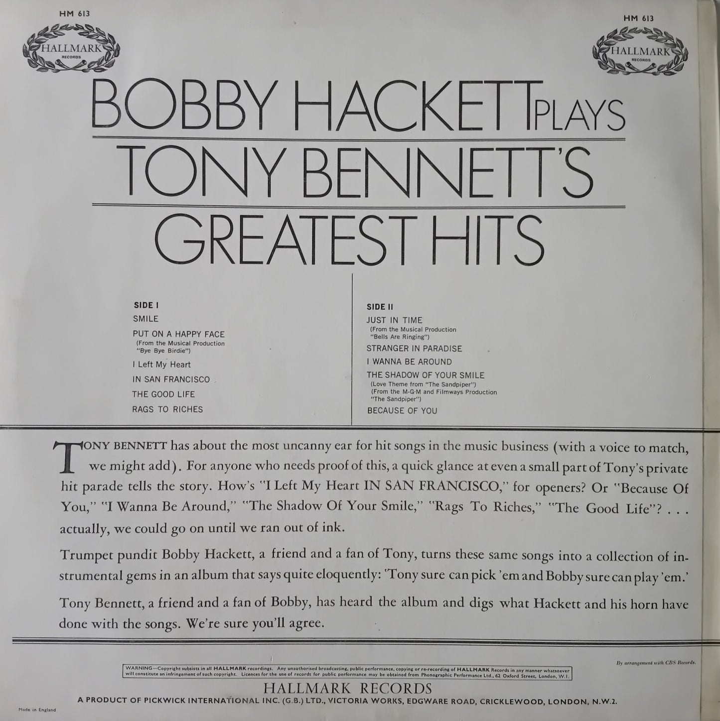 Bobby Hackett – Plays Tony Bennett's Greatest Hits (Hallmark) 12" vinyl LP VG/VG