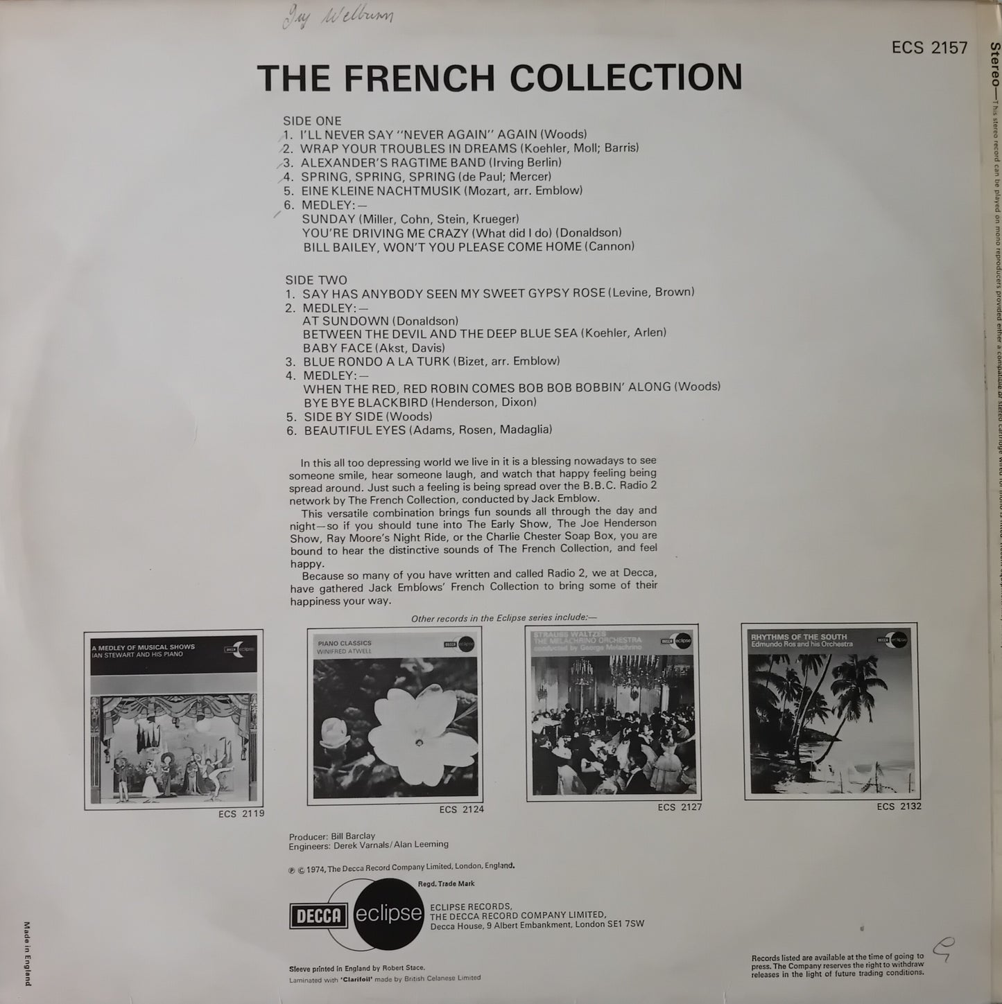 The French Collection – The French Collection (Decca 1974) 12" vinyl LP VG/VG