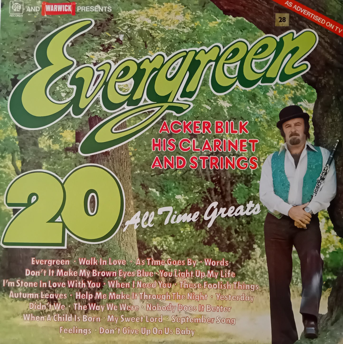 Album cover of 'Evergreen' by Acker Bilk featuring a man with a clarinet and trees in the background.