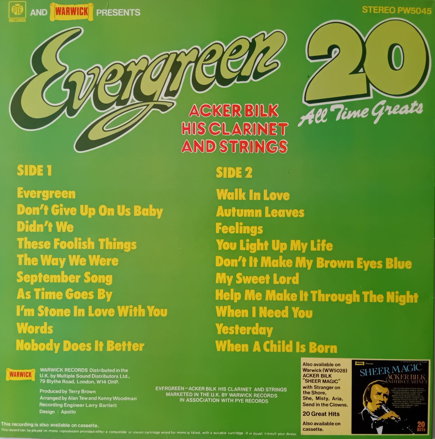 Album cover for 'Evergreen 20 All Time Greats' by Acker Bilk with green background and yellow text.