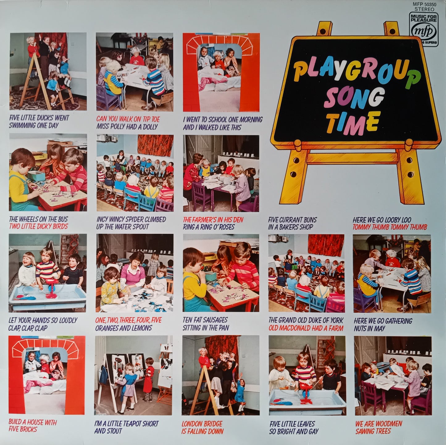 Children's educational sleeve with lyrics and illustrations of nursery rhymes, featuring a blackboard at the top with 'Playgroup Song Time' text.