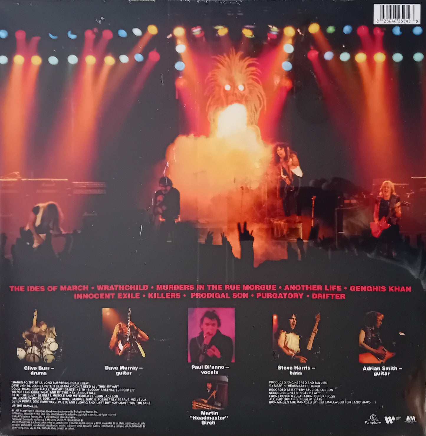 Concert album cover with band members and tracklist on a dark background