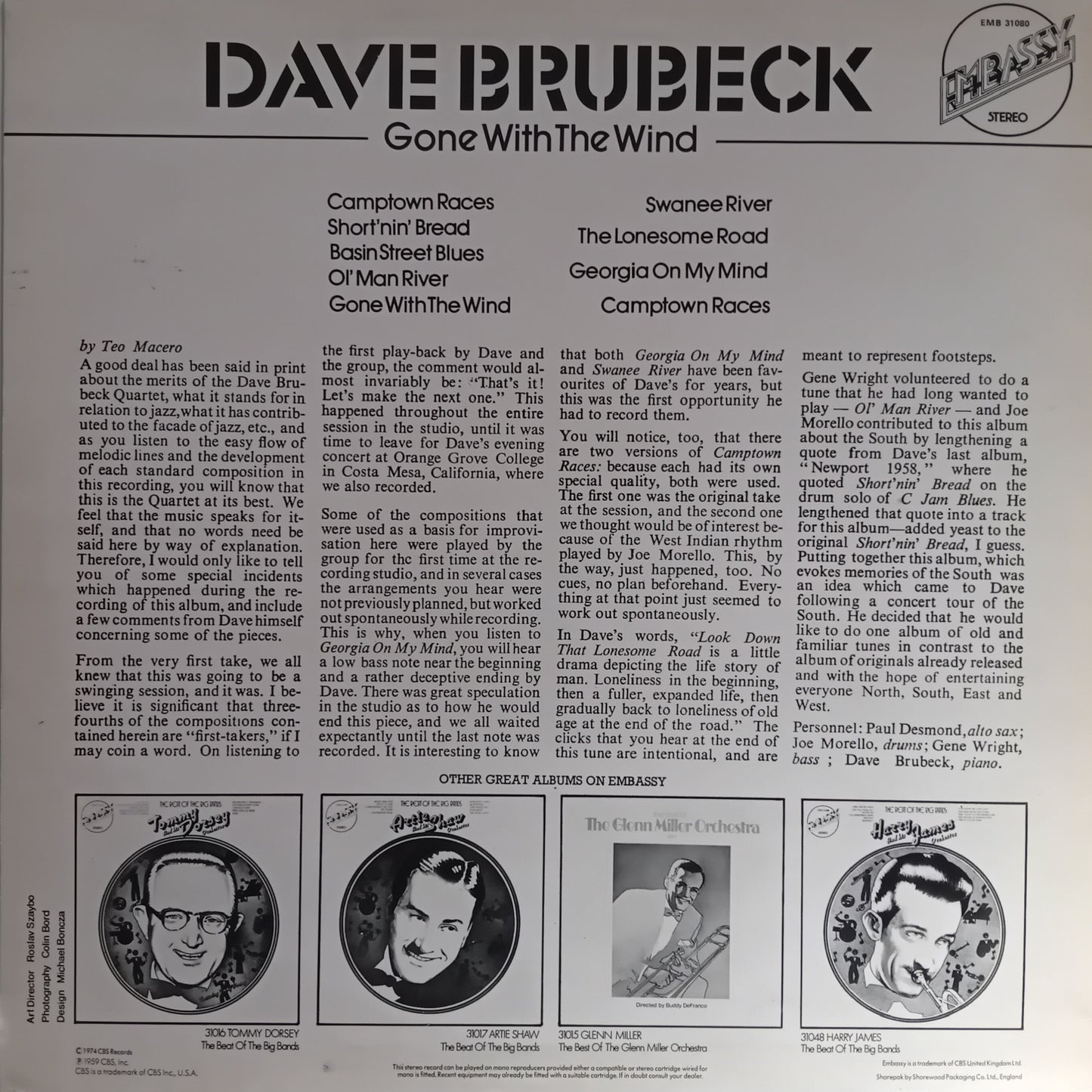 Back cover of a Dave Brubeck album with text and small images of the artist.