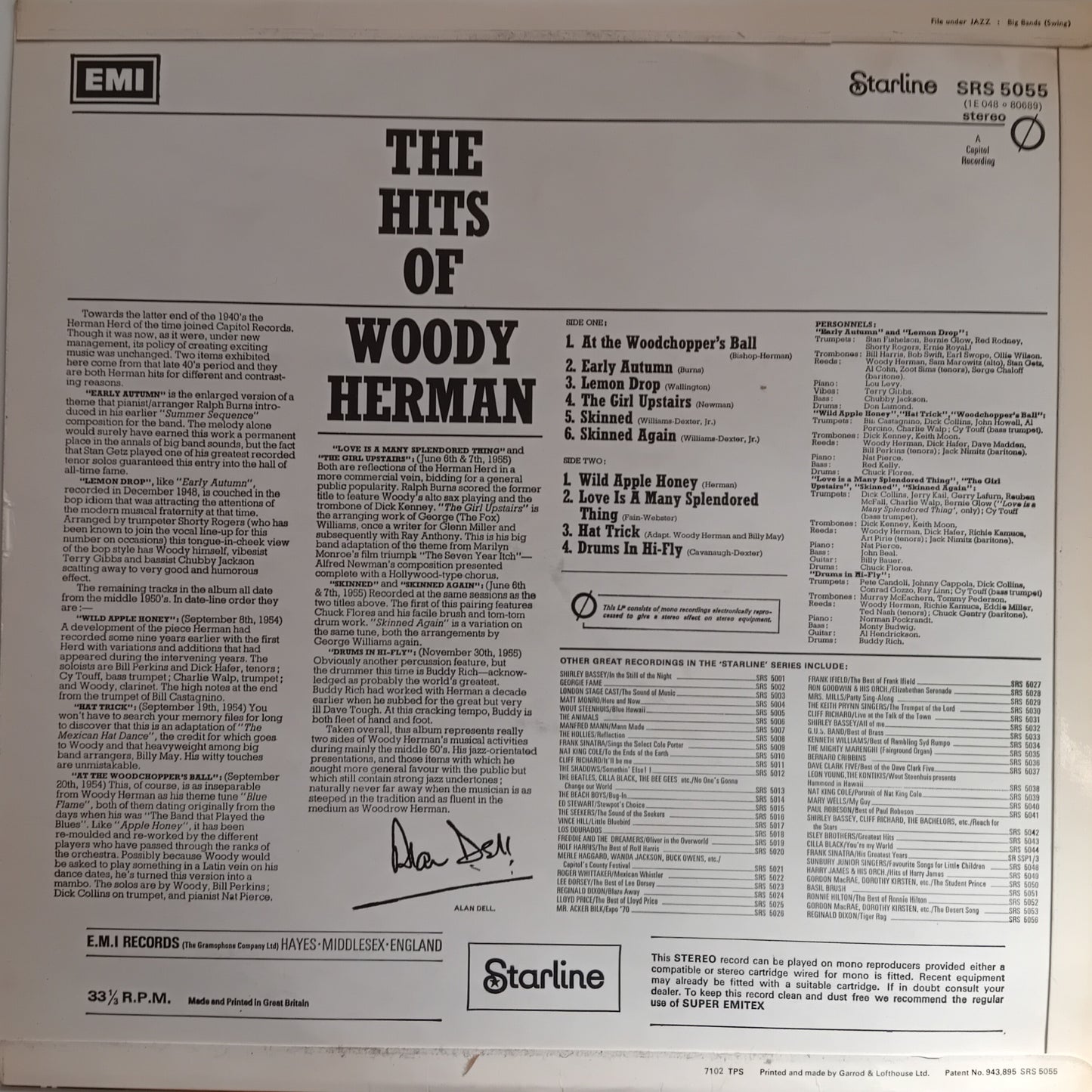 Back cover of a vinyl record featuring 'The Hits of Woody Herman' with text and EMI branding.