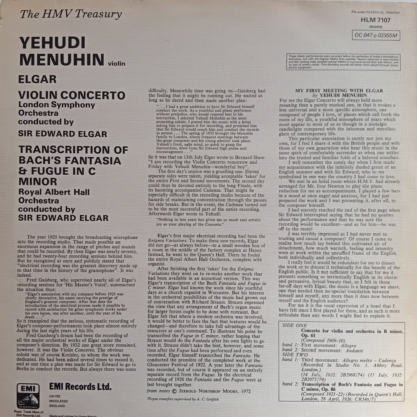 Back cover of an album featuring Yehudi Menuhin and Sir Edward Elgar with text and EMI Records Ltd. logo.