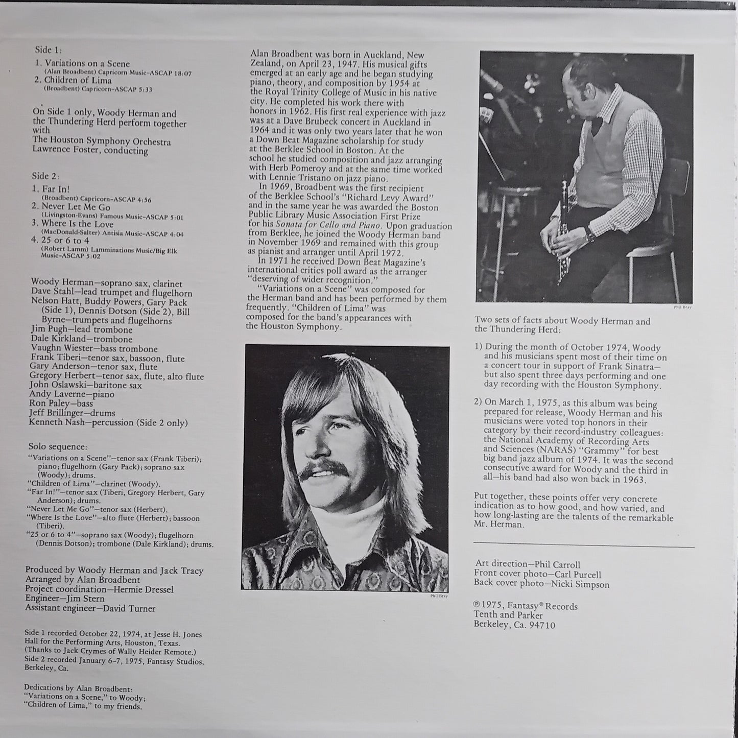 Inside cover of a music album with text, images of a man, and a saxophonist.