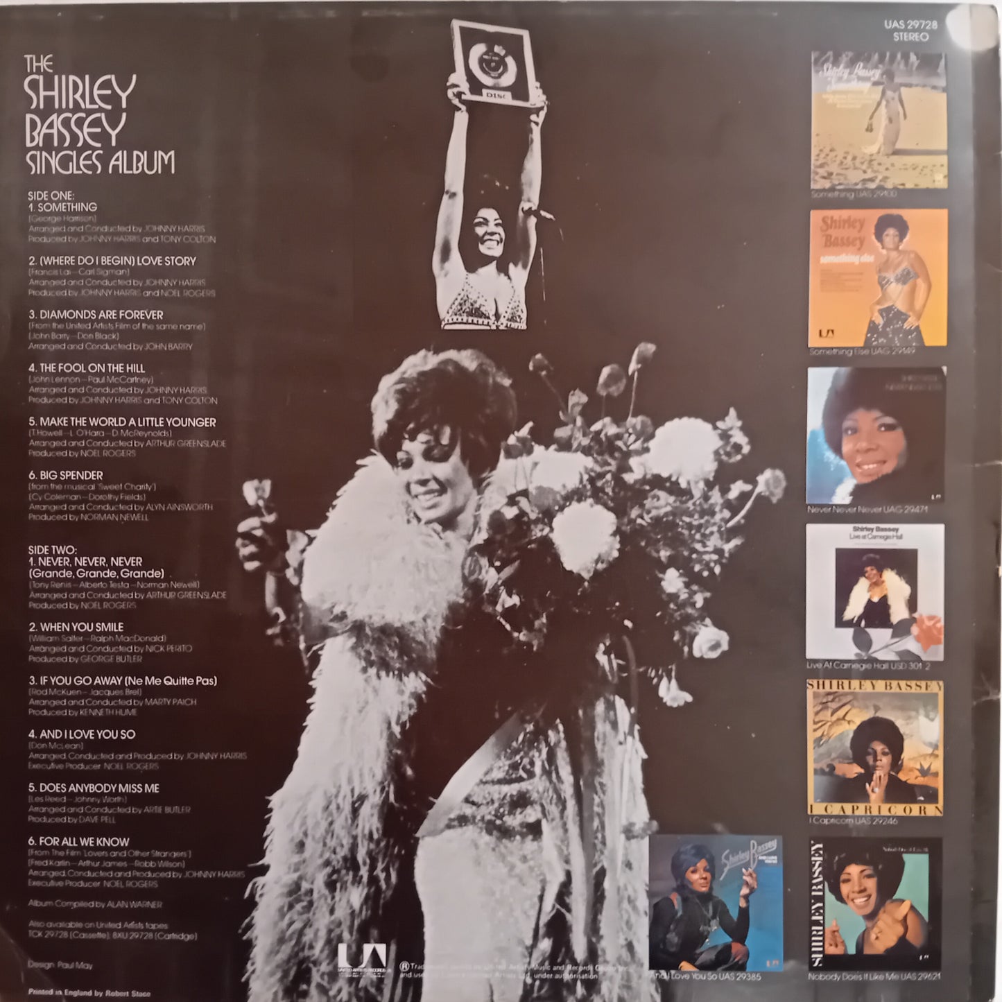 Back cover of a Shirley Bassey album with black and white photo and list of songs.