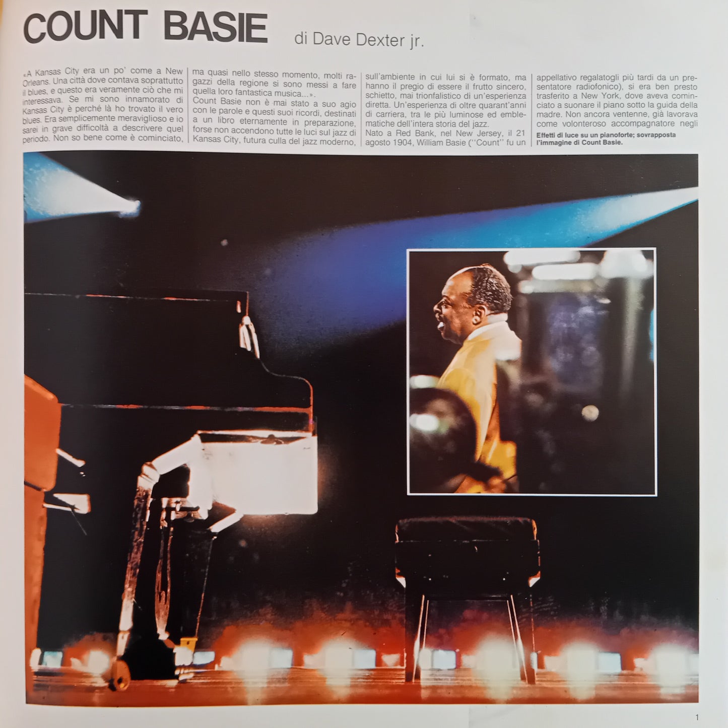 Album insert for 'Count Basie' featuring a piano and a small photo of Basie