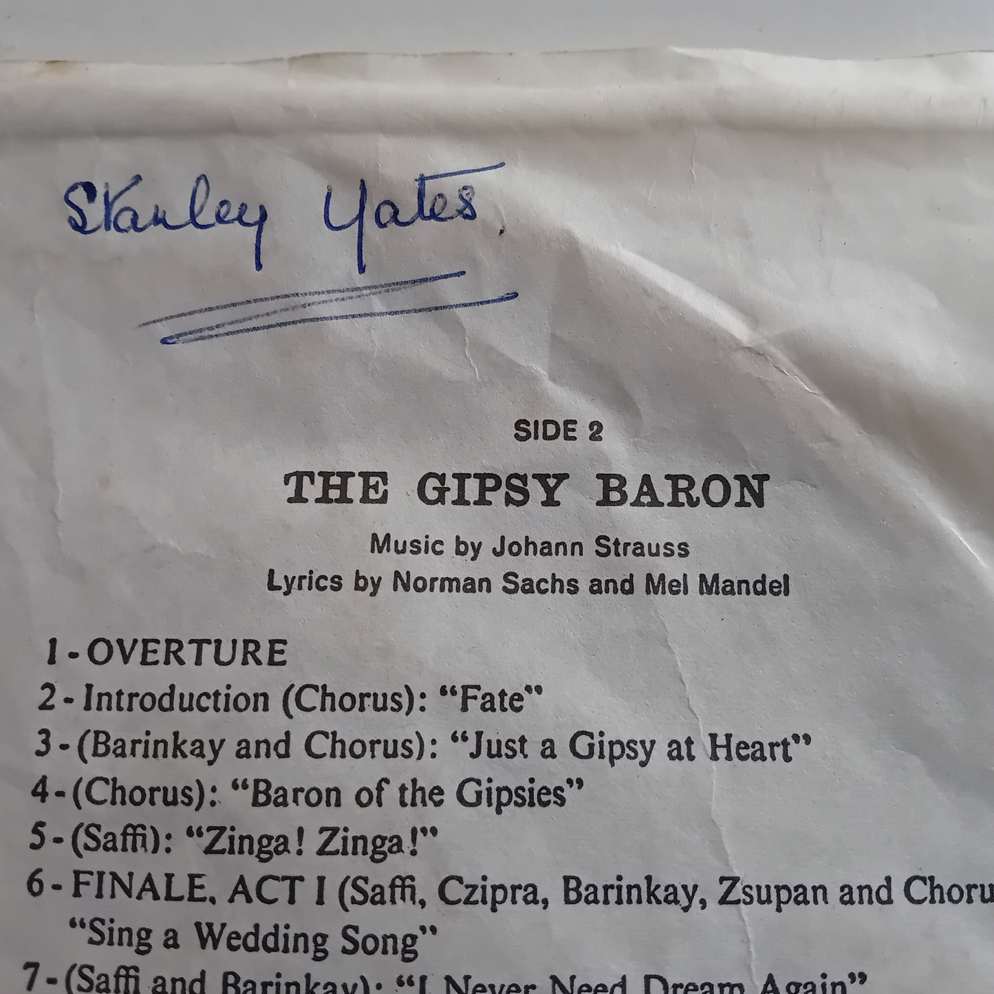 Music album liner with 'The Gipsy Baron' by Johann Strauss, featuring a signature and tracklist.
