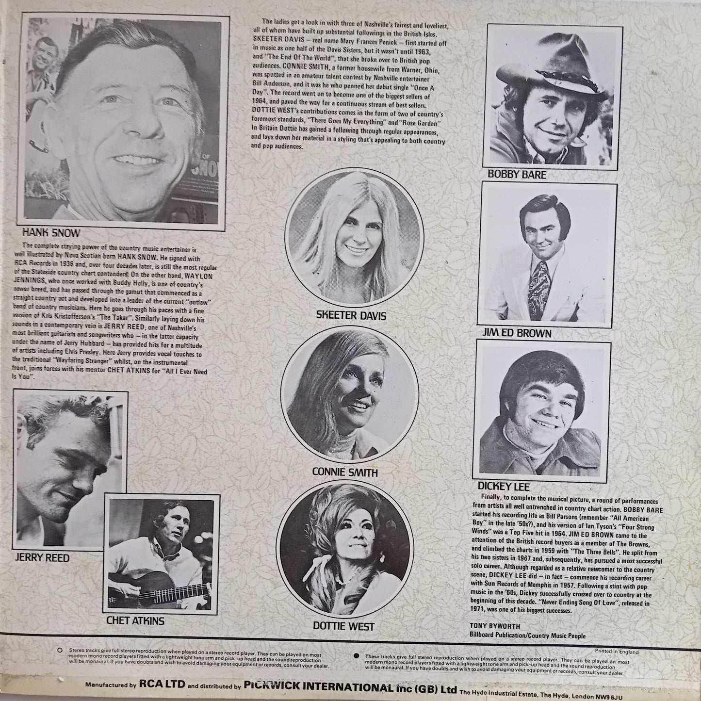 Vintage album featuring black and white photos of country music artists with biographical text.