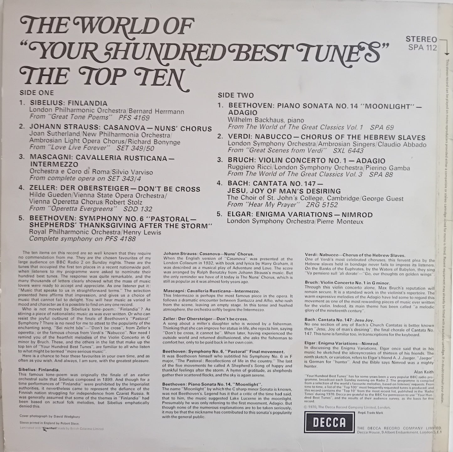Back cover of a vinyl record with music list and Decca logo