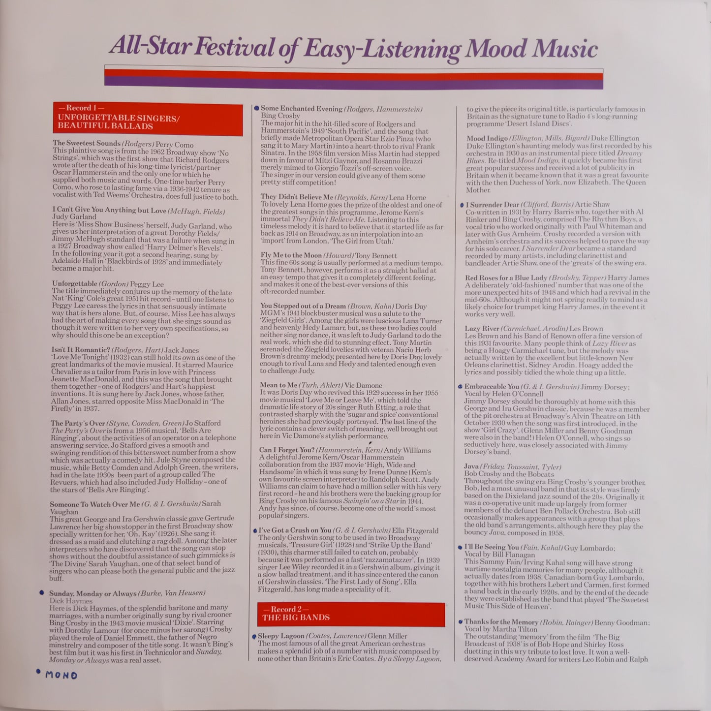 Insert of a music album with text and band names