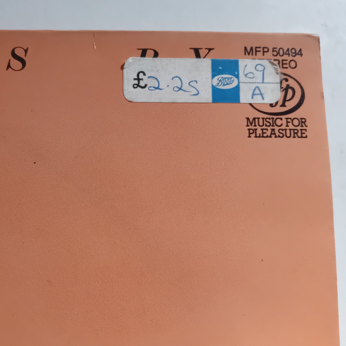 Record cover with a price tag and 'Music for Pleasure' branding
