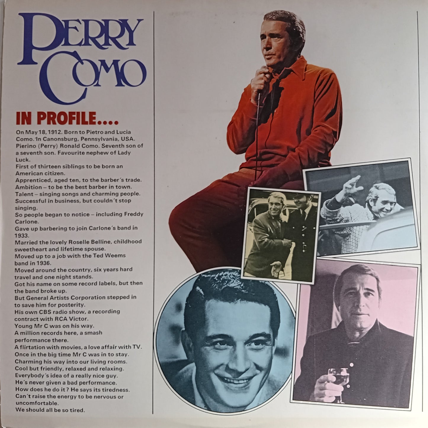 Perry Como profile with images and text on a white background