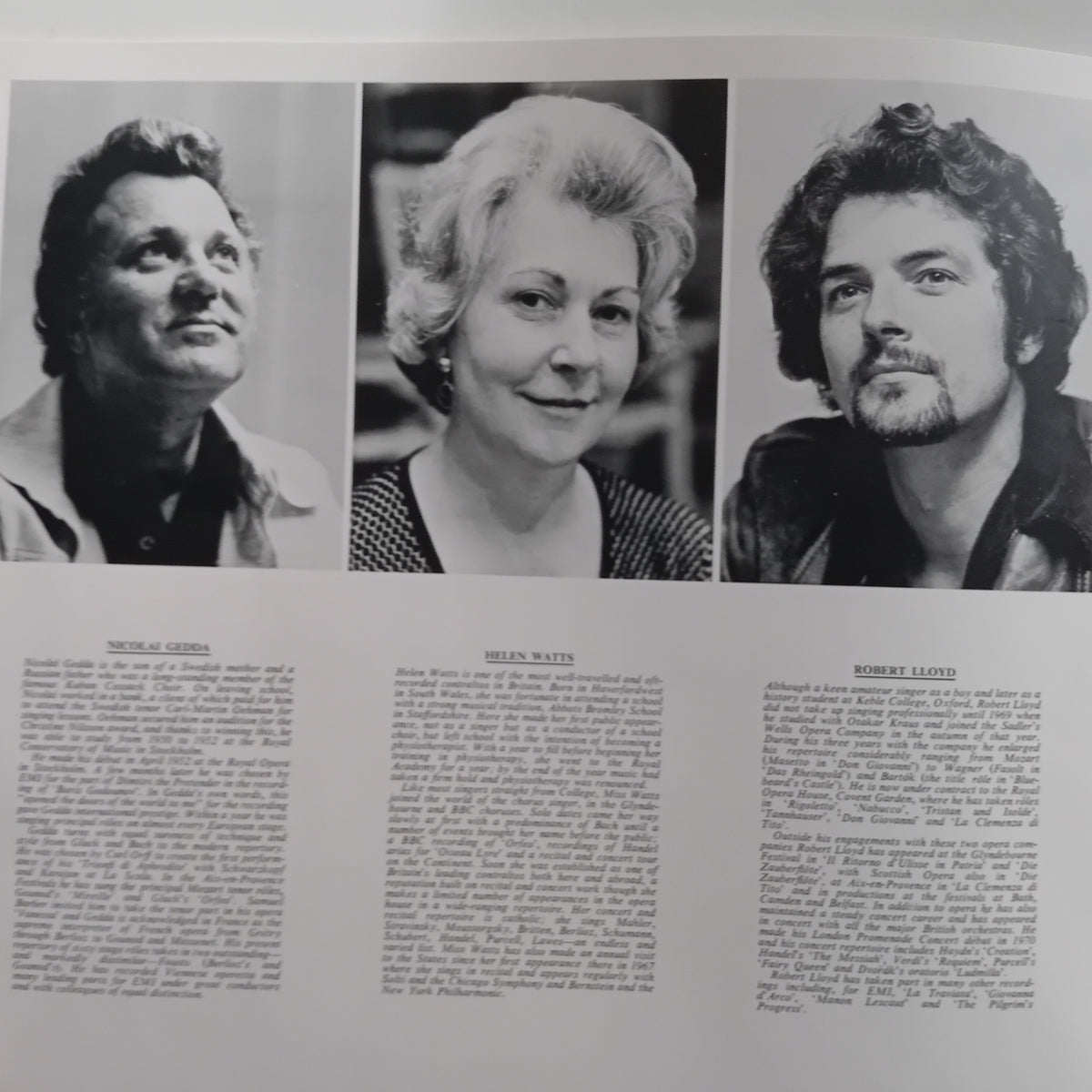 A printed page featuring three black-and-white portrait photographs of people, with columns of text below each portrait.
