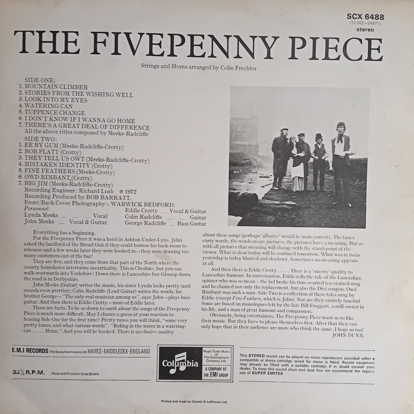 The back cover of a vinyl record for 'The Fivepenny Piece' by Columbia Records, featuring song list, tracklist, credits, and a black-and-white photo of a band performing.