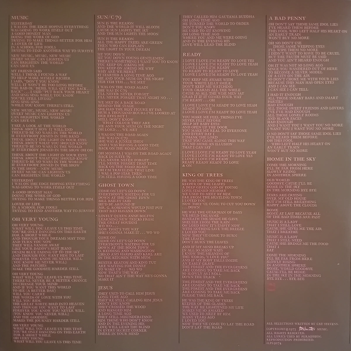 The inner sleeve of an album featuring three columns of printed track listings on a dark brown background.