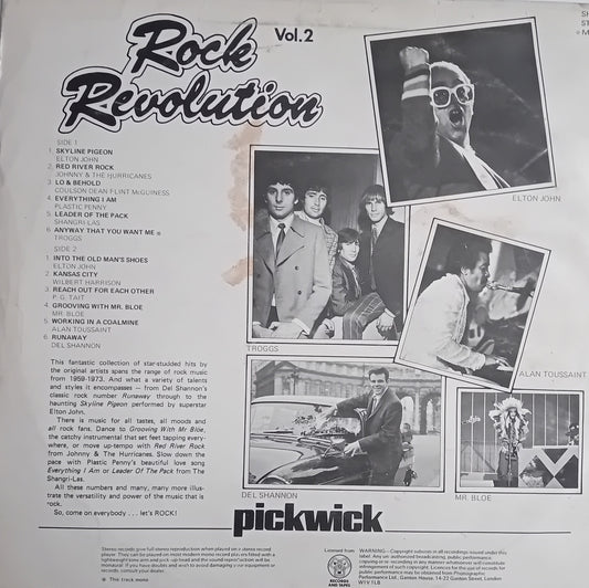 The back cover of a vinyl record album titled 'Rock Revolution Vol. 2' by Pickwick Records, featuring track listings, artist photos, and album artwork on a light gray background.