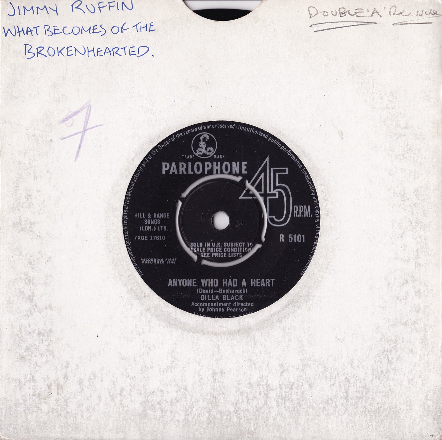 Cilla Black – Anyone Who Had A Heart (Parlophone 1964) 7" vinyl single VG/-
