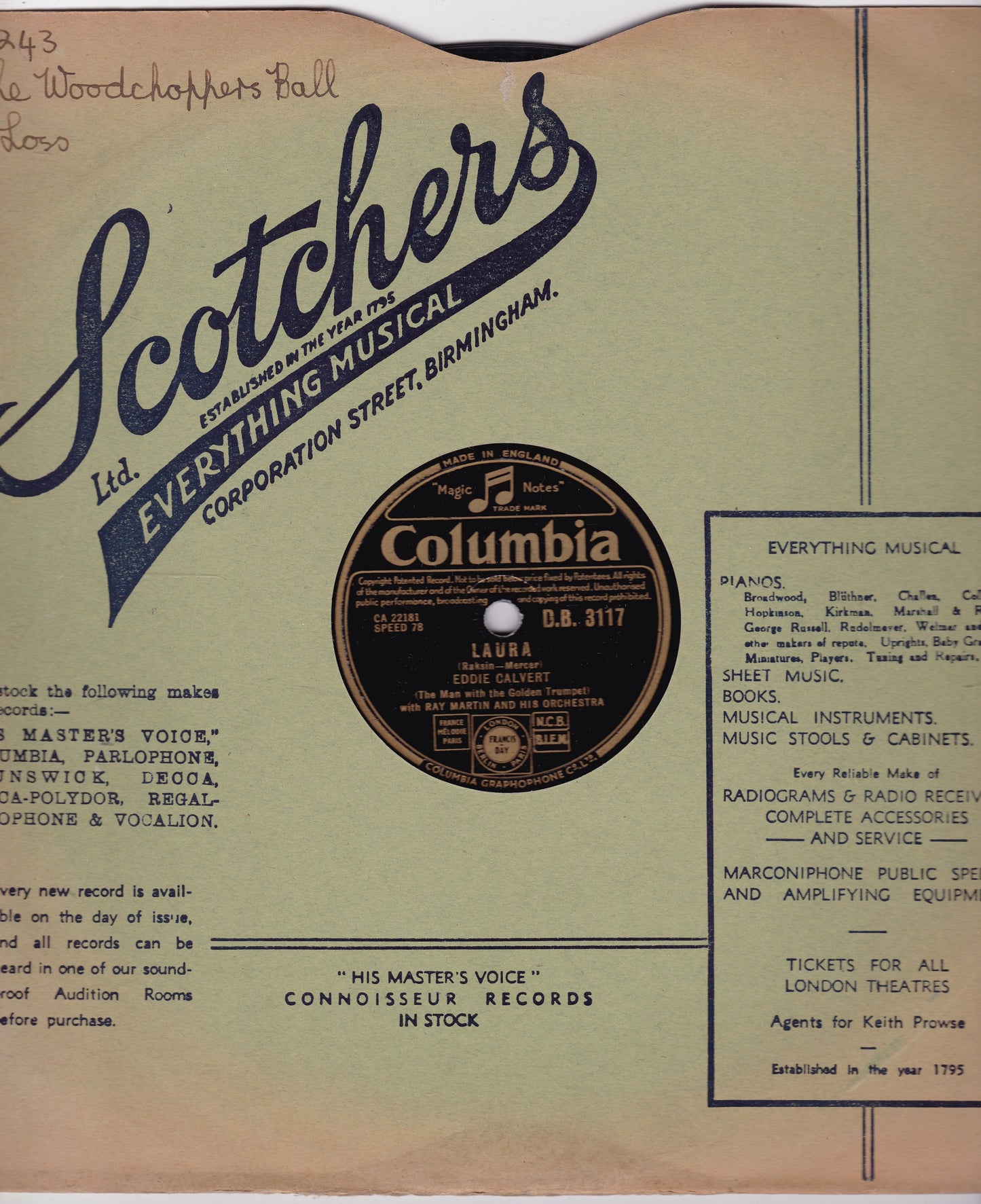 Eddie Calvert - Laura / Malaguena (Columbia) 10" shellac VG/G+