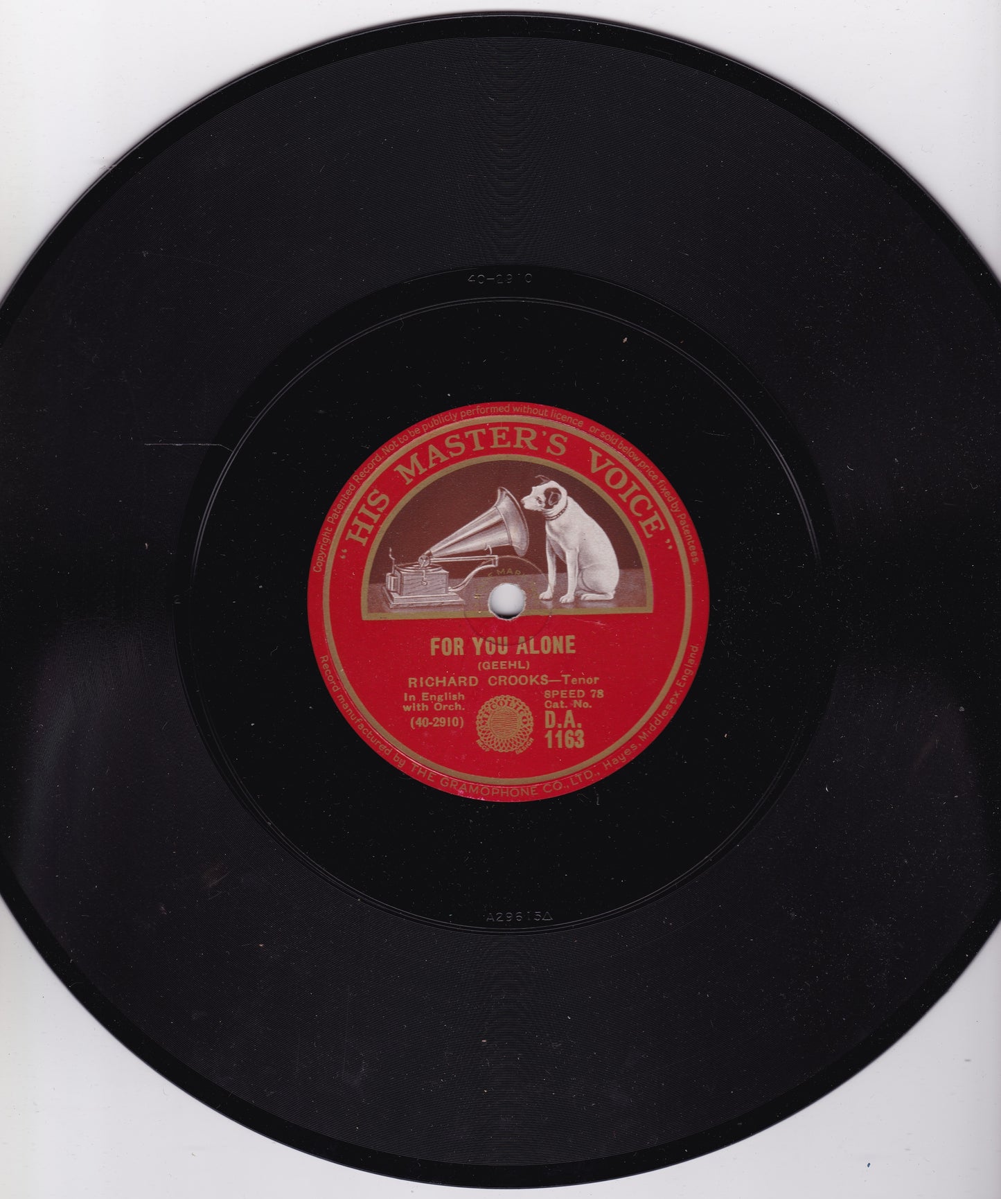 Richard Crooks – For You Alone / Because (HMV 1930) 10" shellac VG/-