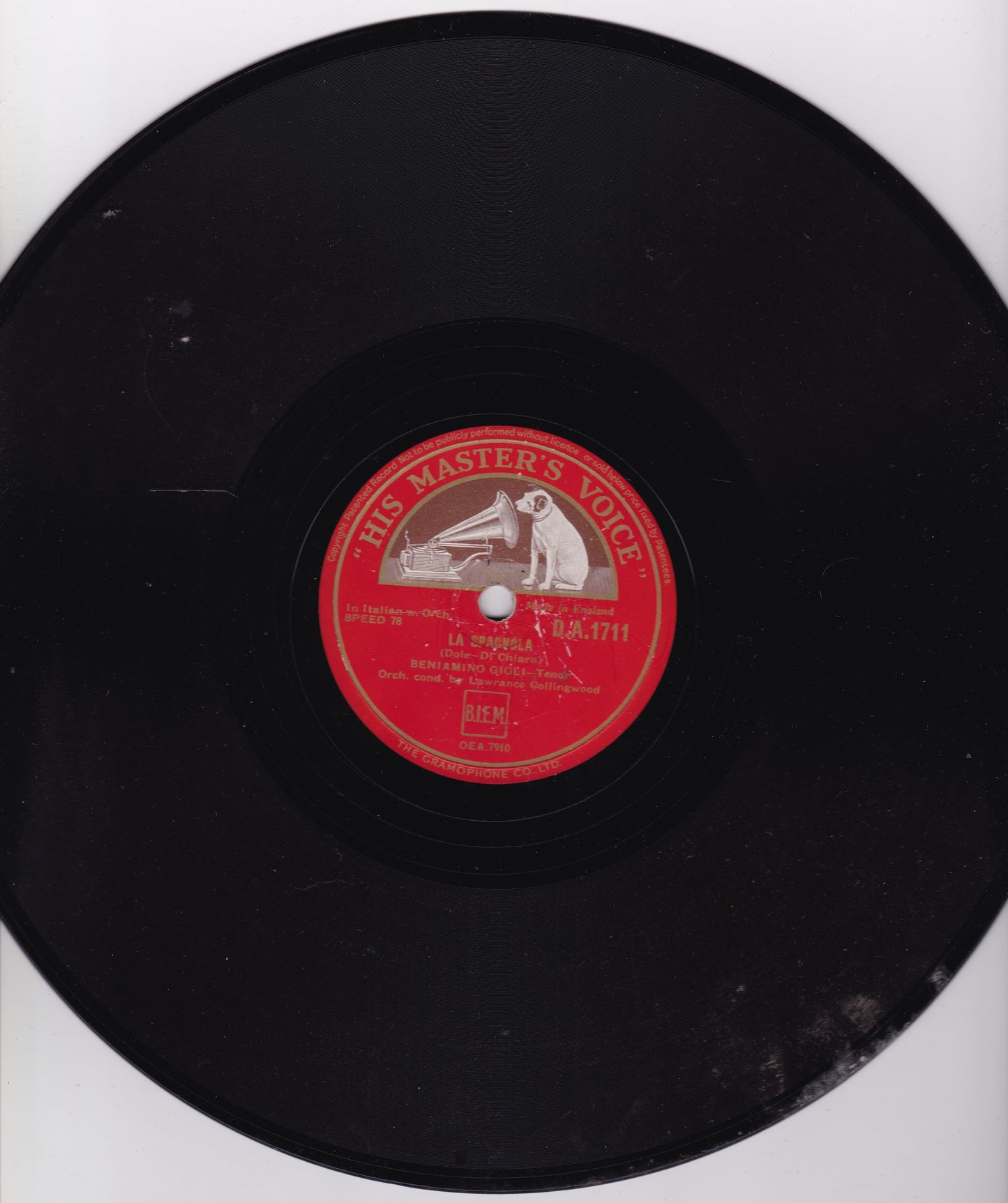 Beniamino Gigli – La Paloma / La Spagnola (HMV 1939) 10" shellac VG/-