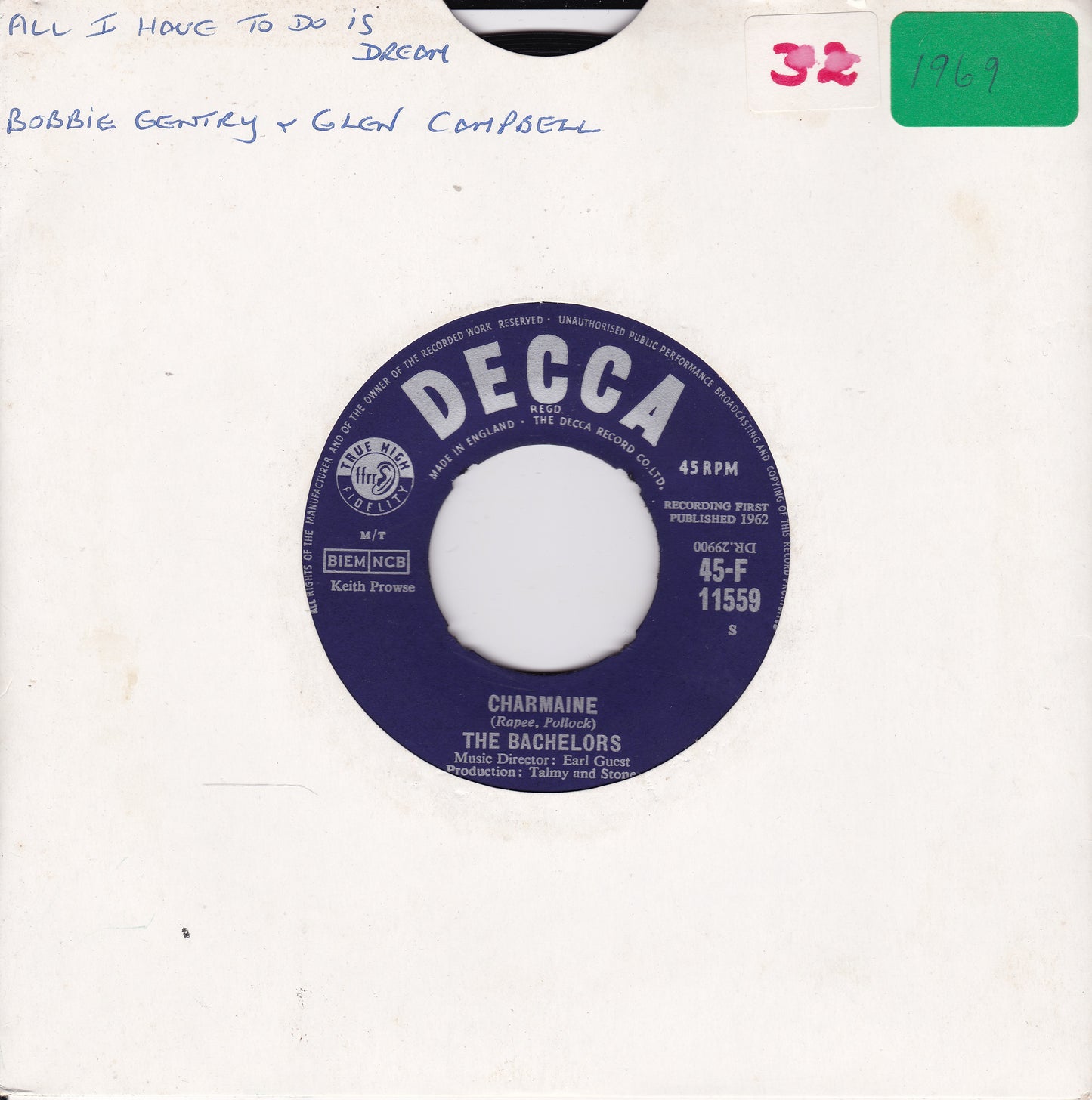 The Bachelors – Charmaine (Decca 1963) 7" vinyl single VG/- jukebox centre