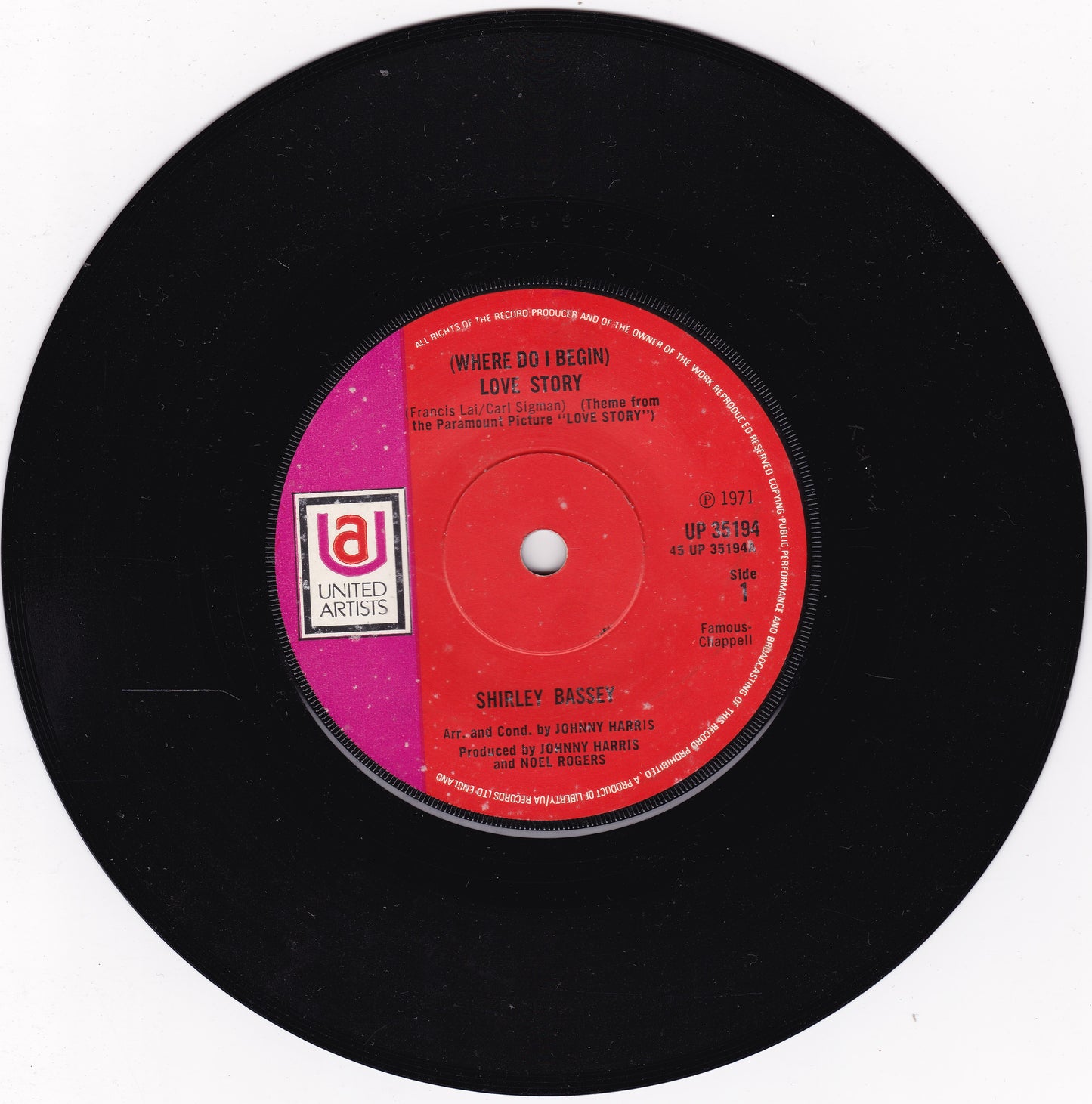 Shirley Bassey - (Where Do I Begin) Love Story (UA 1971) 7" vinyl single VG/-