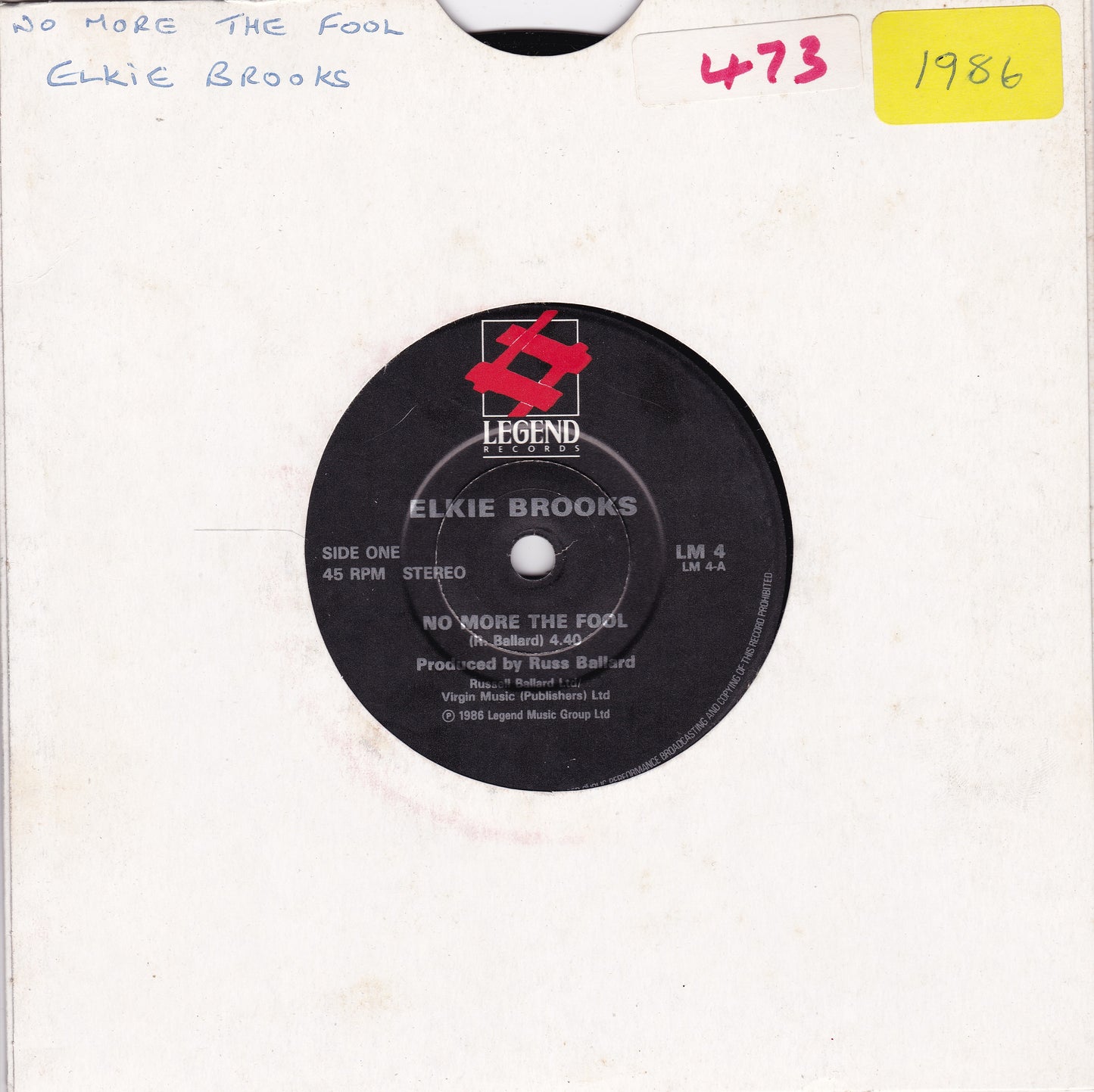 Elkie Brooks – No More The Fool (Legend 1986) 7" vinyl single G+/-