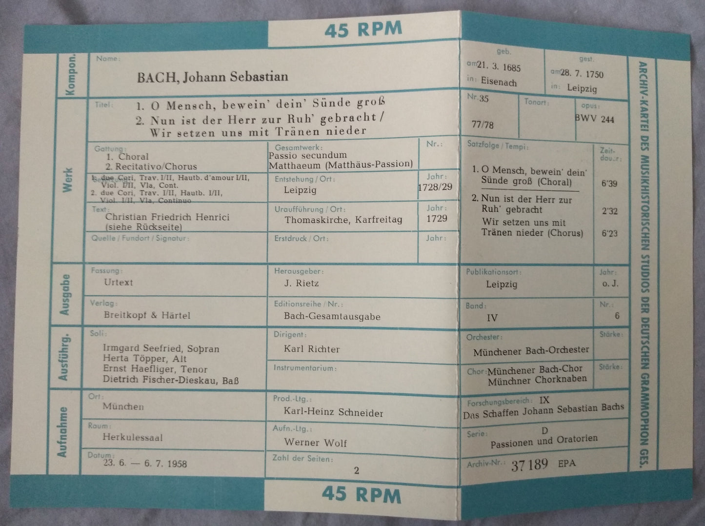 Bach – Aus Der Matthäus-Passion, BWV 244 (Archiv 1959) 7" vinyl EP VG/VG German