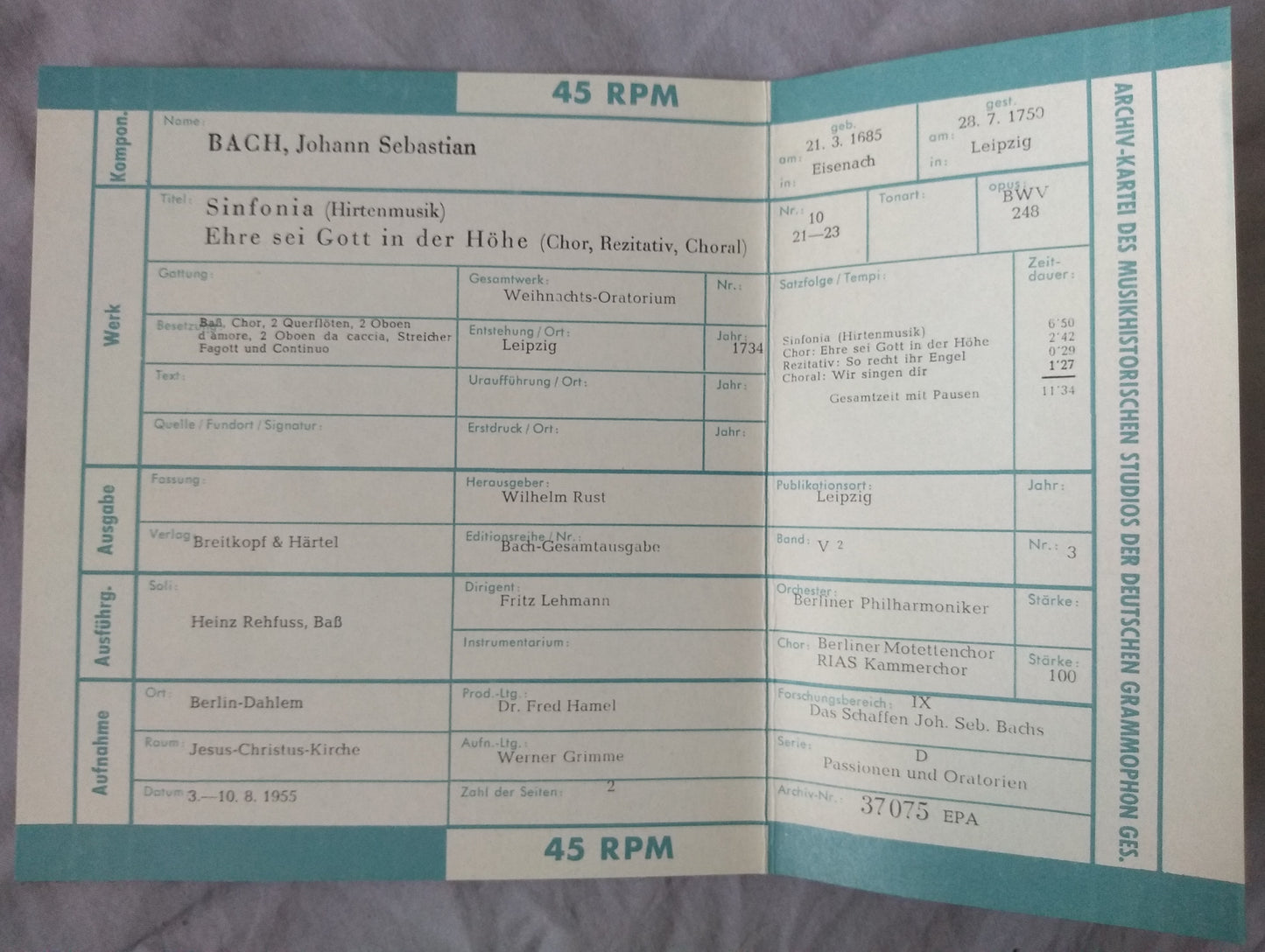 Bach – Sinfonia, Ehre Sei Gott In Der Höhe (Archiv) 7" vinyl EP VG/VG German