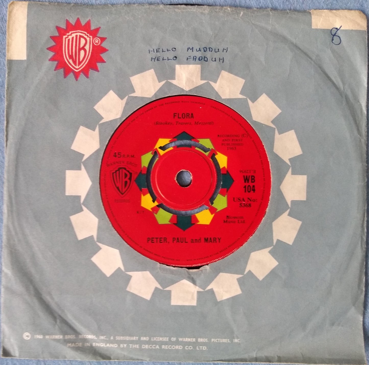 Peter Paul and Mary – Blowin’ In The Wind (Warner Bros 1963) 7” vinyl VG/G+