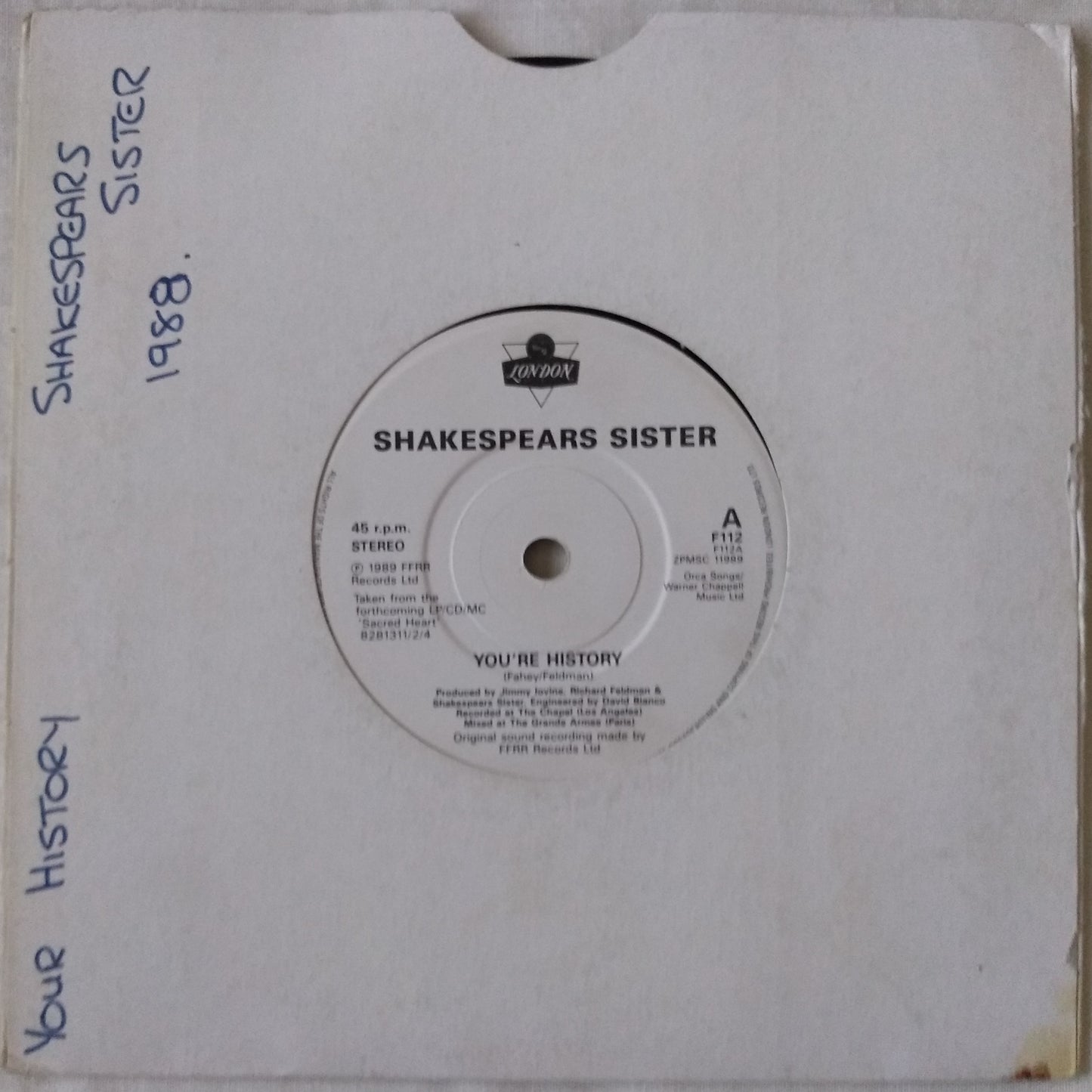 Shakespear's Sister - You're History (London 1989) 7" vinyl single VG/-