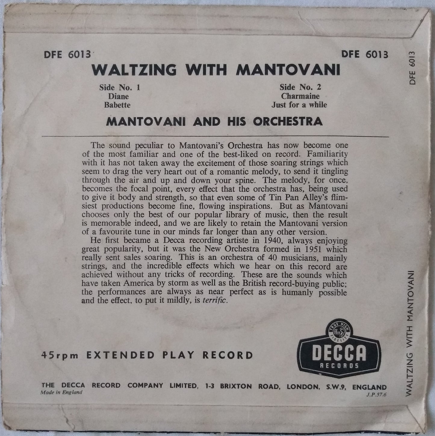 Mantovani And His Orchestra – Waltzing With Mantovani (1955) 7" vinyl EP VG/VG