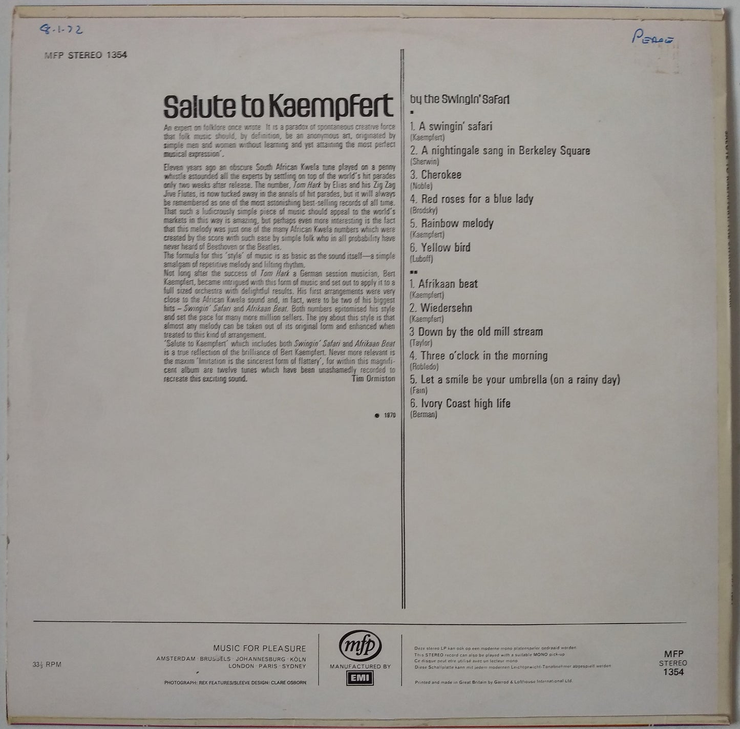 The Swingin' Safari – Salute To Kaempfert (EMI 1970) 12" vinyl LP VG/VG
