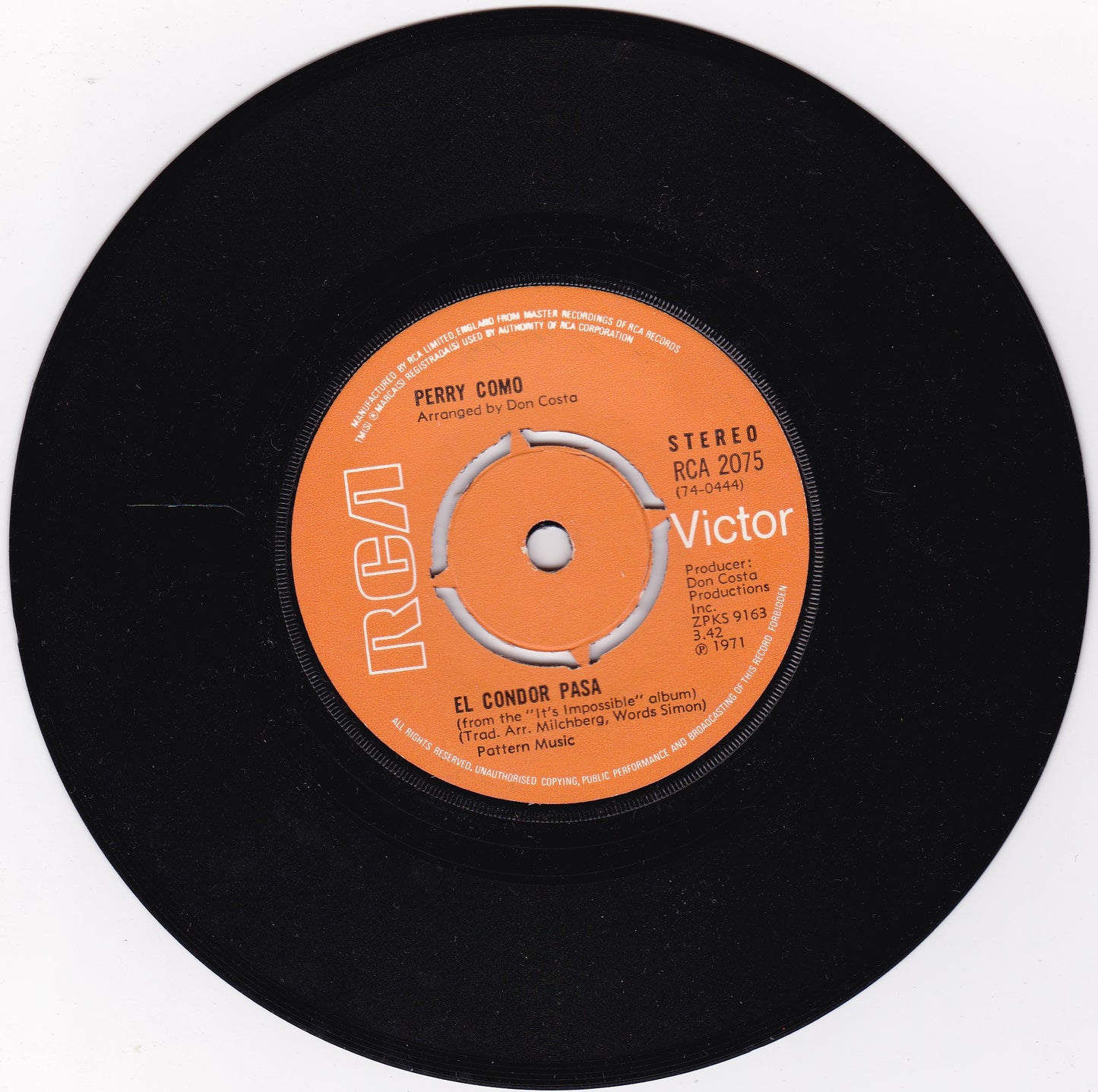 Perry Como – I Think Of You (RCA 1971) 7" vinyl single VG/VG