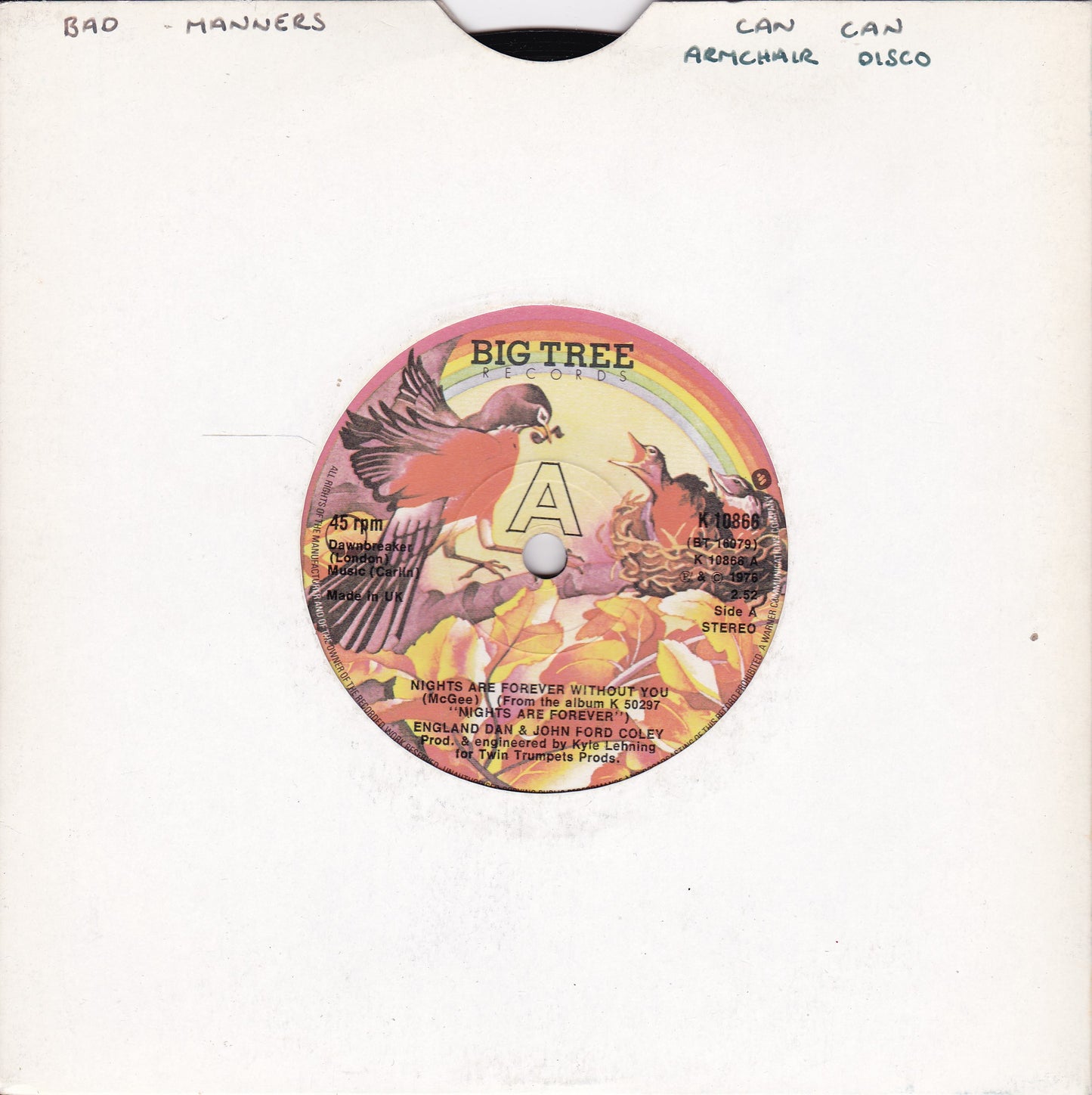 England Dan & John Ford Coley – Nights Are Forever Without You (1976) 7" vinyl single G+/-