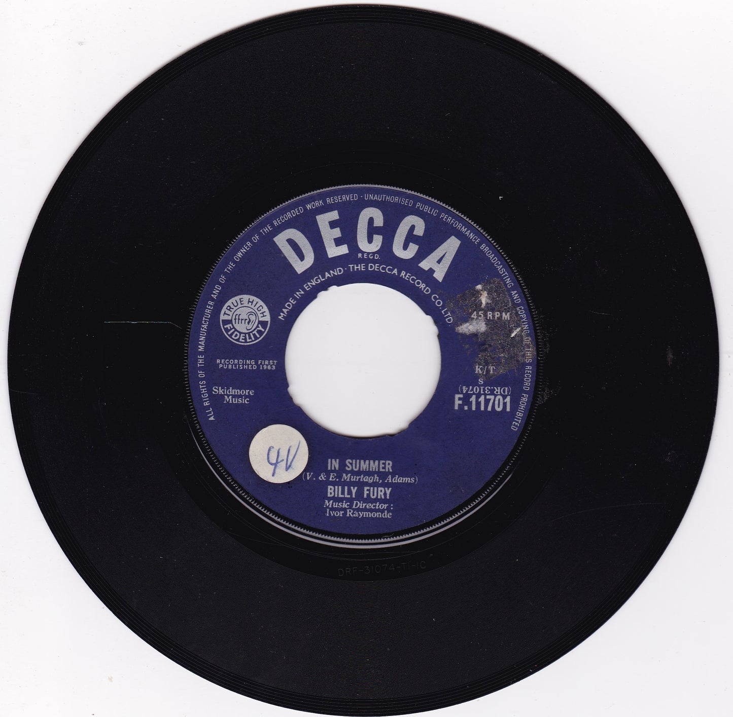 Billy Fury – In Summer (Decca 1963) 7" vinyl single G+/- jukebox centre
