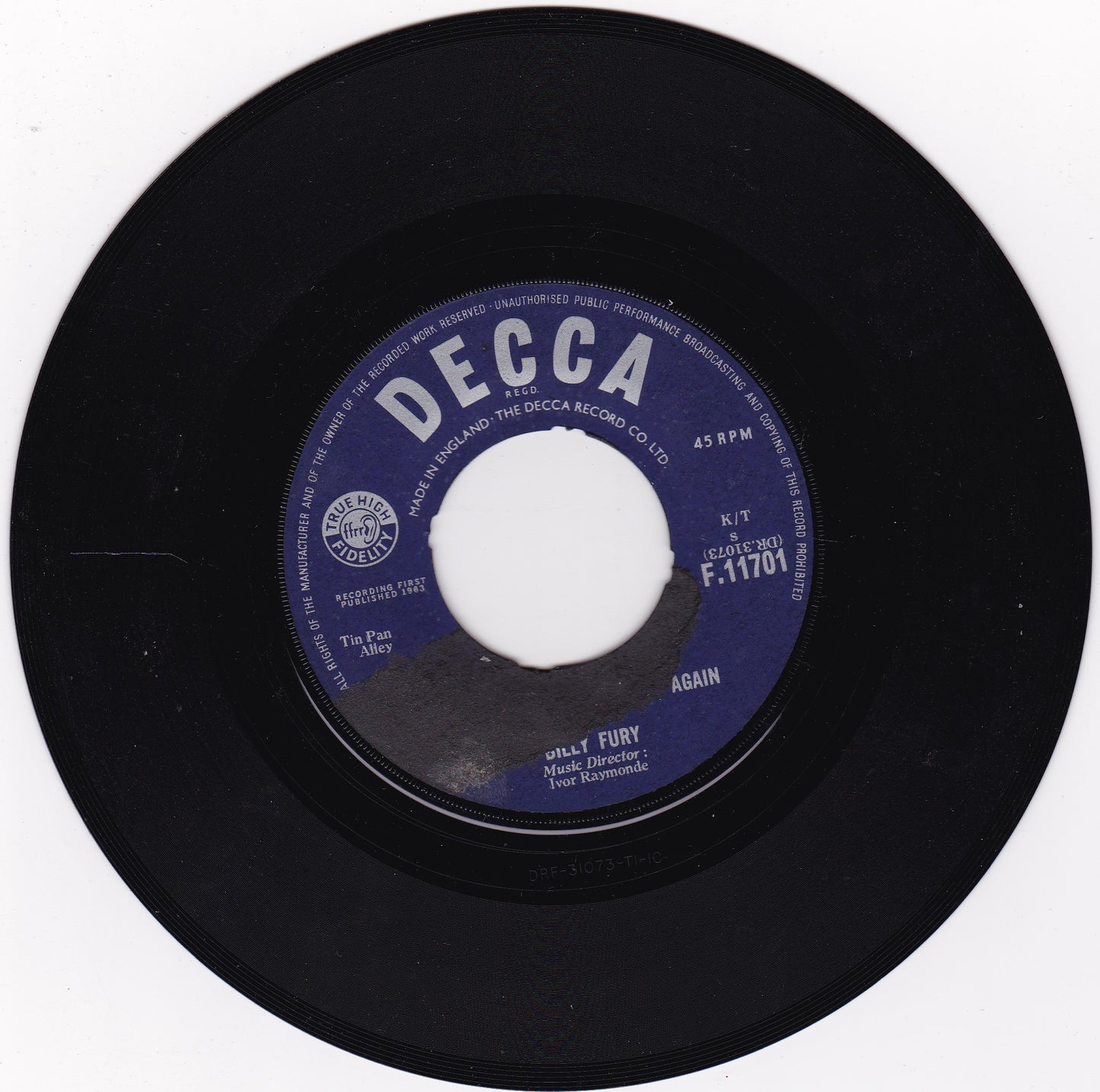 Billy Fury – In Summer (Decca 1963) 7" vinyl single G+/- jukebox centre