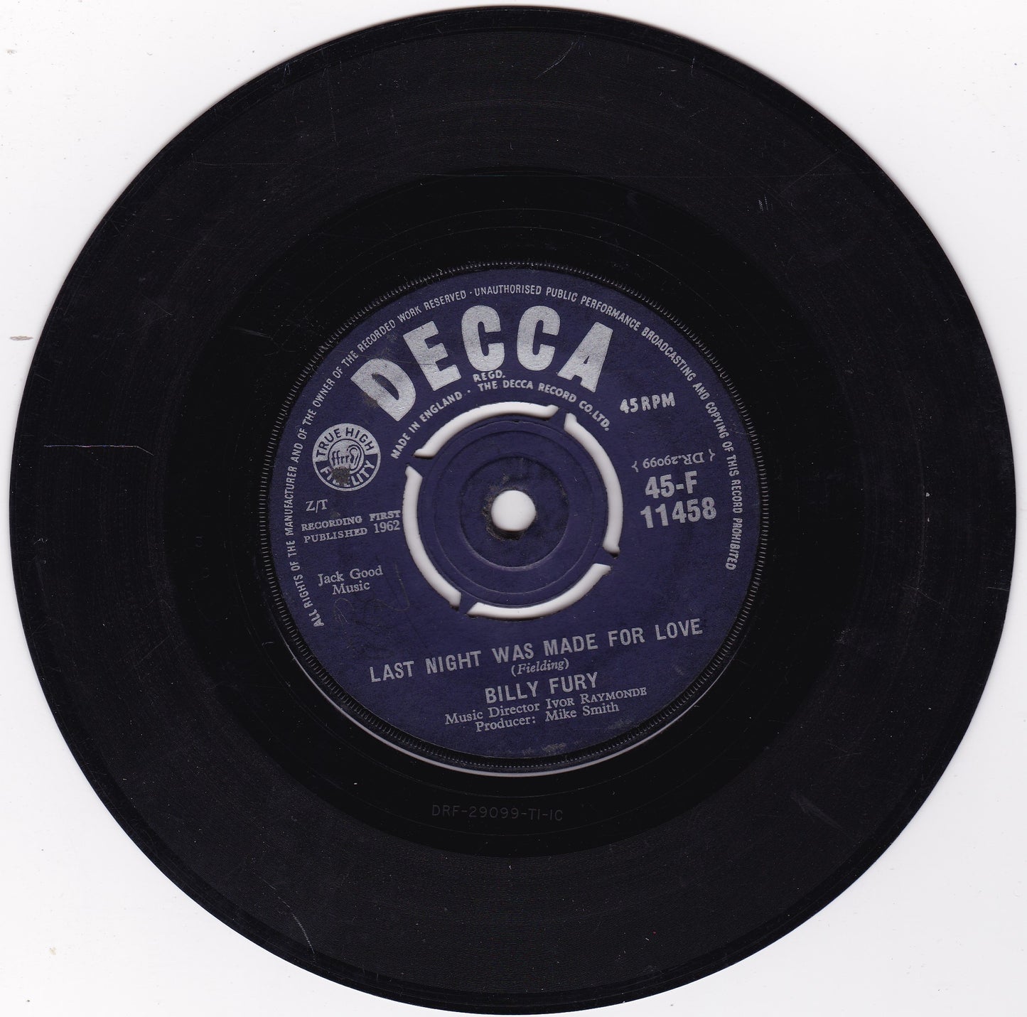 Billy Fury – Last Night Was Made For Love (Decca 1962) 7" vinyl single G+/-