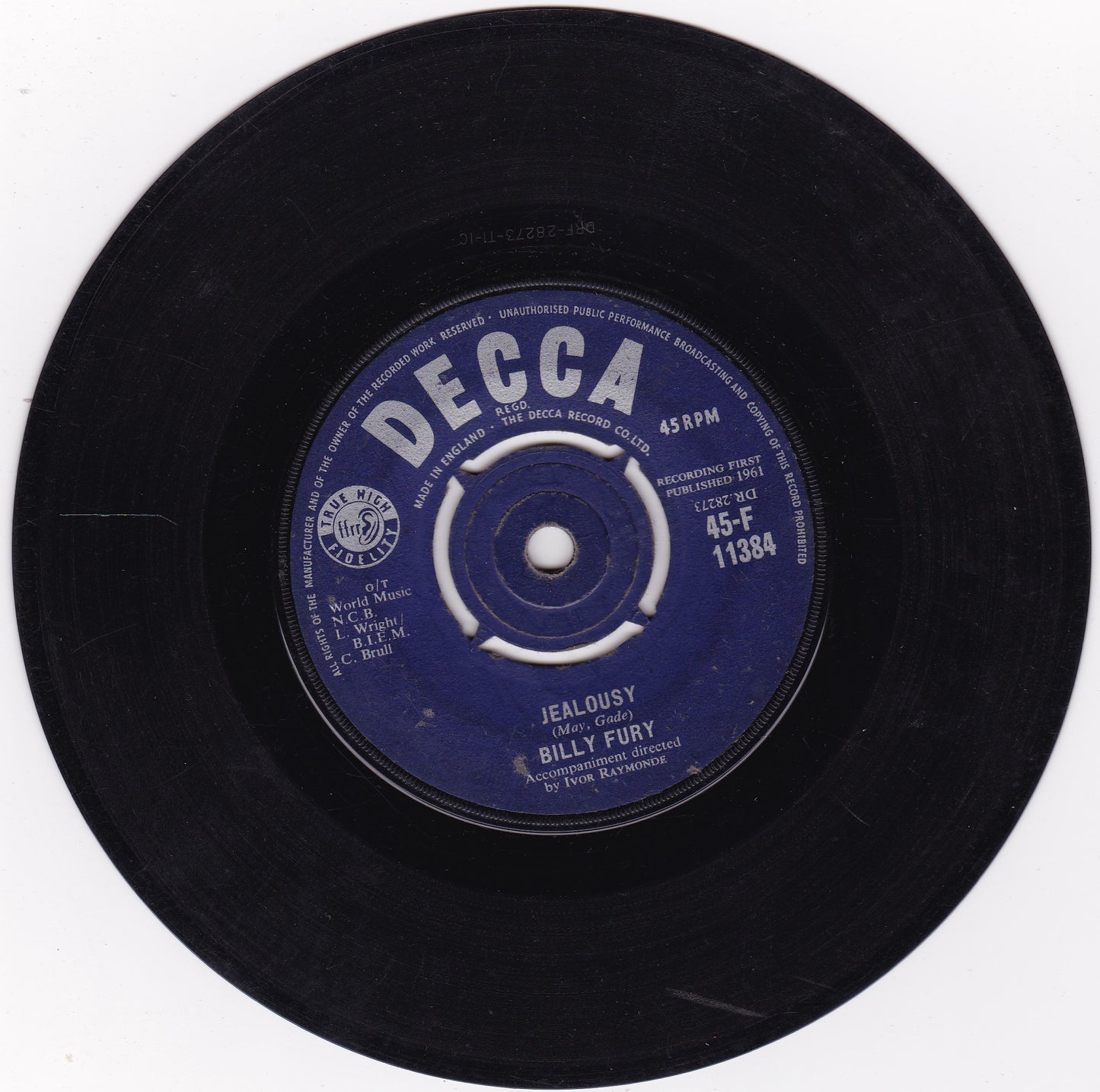 Billy Fury – Jealousy (Decca 1961) 7" vinyl single G+/-