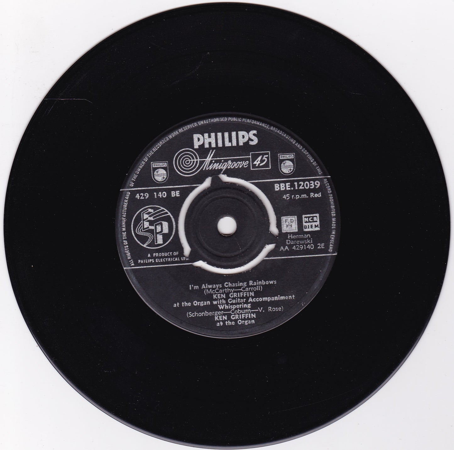 Ken Griffin – Ken Griffin At The Organ (Philips) 7" vinyl EP VG/-