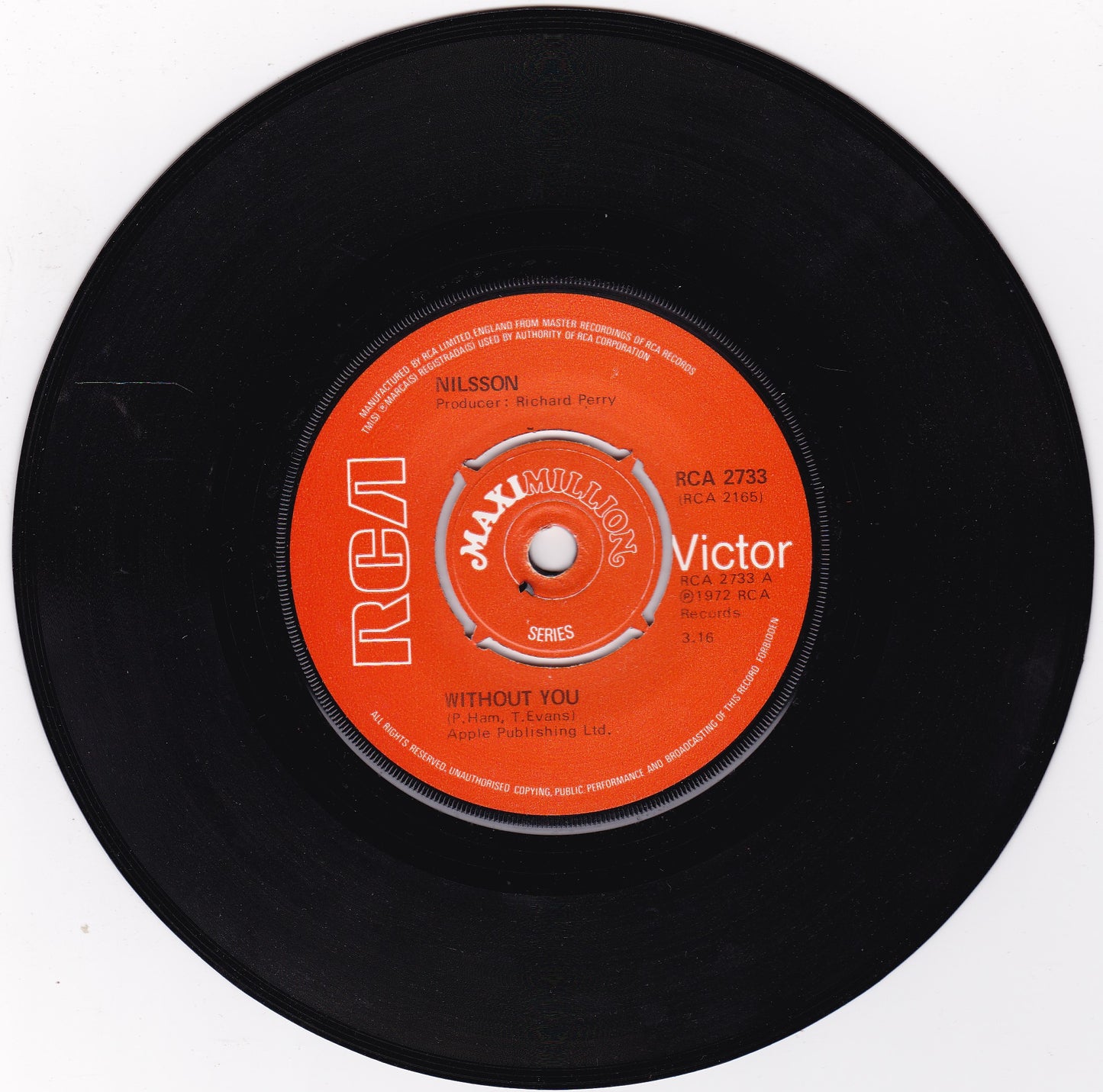 Nilsson - Without You (RCA 1976) 7" vinyl single G+/-