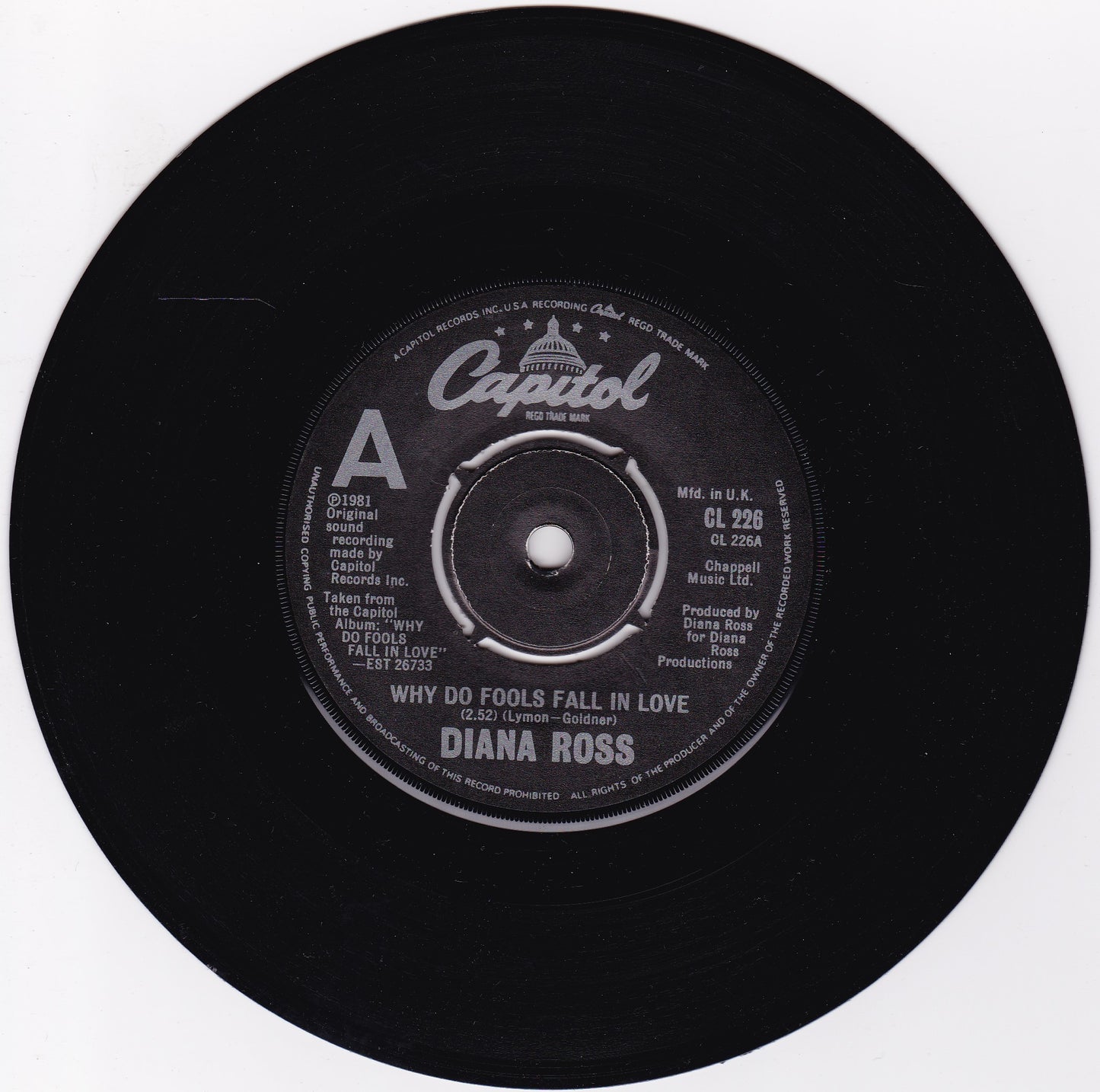 Diana Ross – Why Do Fools Fall In Love (Capitol 1981) 7" vinyl single VG/VG