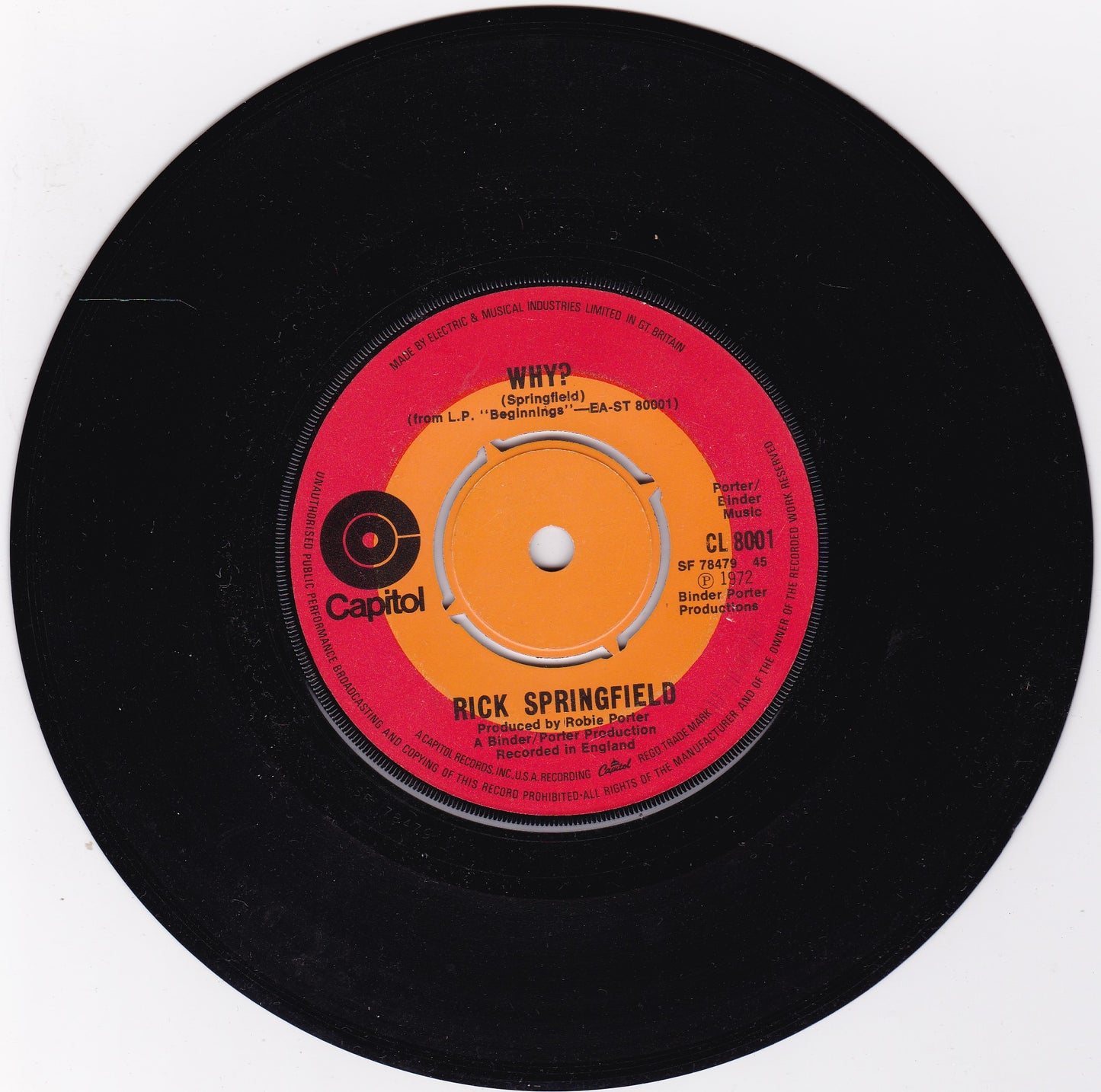 Rick Springfield – Speak To The Sky (Capitol 1972) 7" vinyl single G+/VG