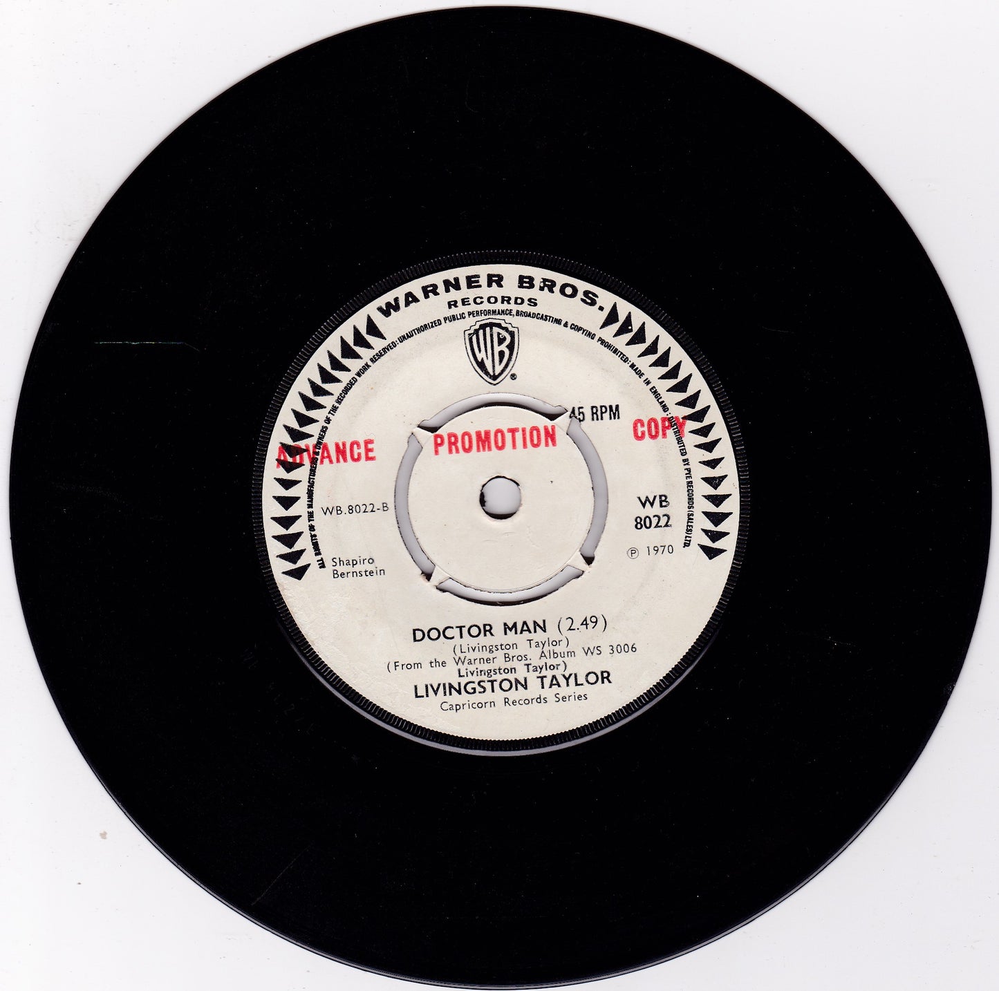 Livingston Taylor – Carolina Day (WB 1970) 7" vinyl single G+/- promo