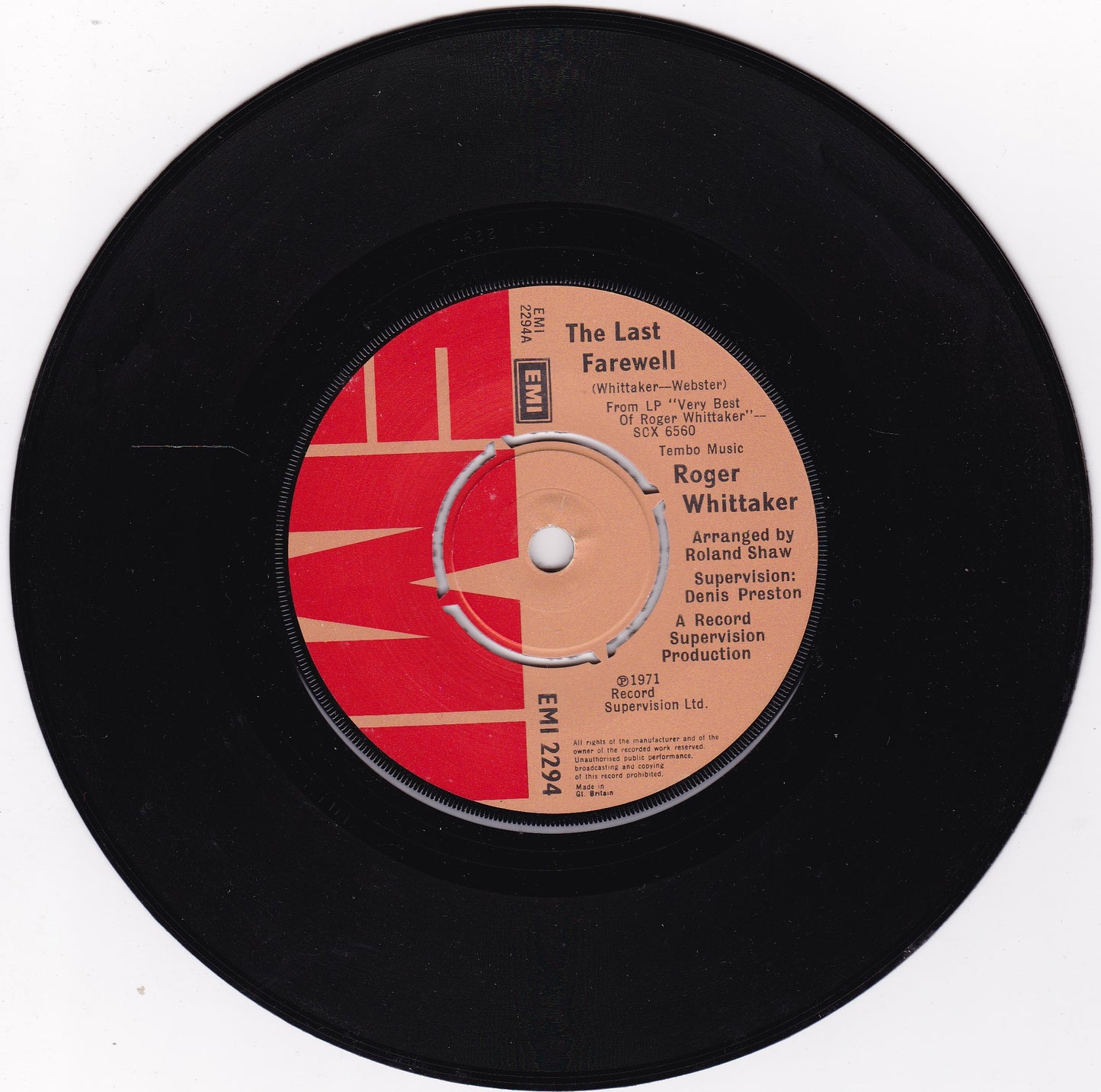 Roger Whittaker – The Last Farewell (EMI 1975) 7" vinyl single VG/-